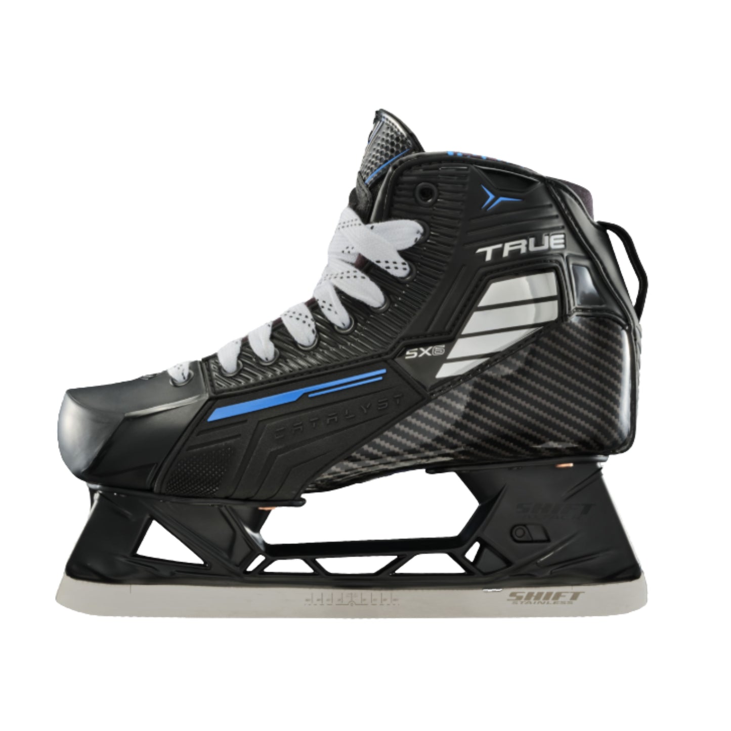 A photo of the True Hockey Catalyst 5X6 Goalie Skate in colour black and blue. 