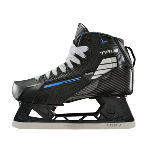 A photo of the True Hockey Catalyst 5X6 Goalie Skate in colour black and blue. 