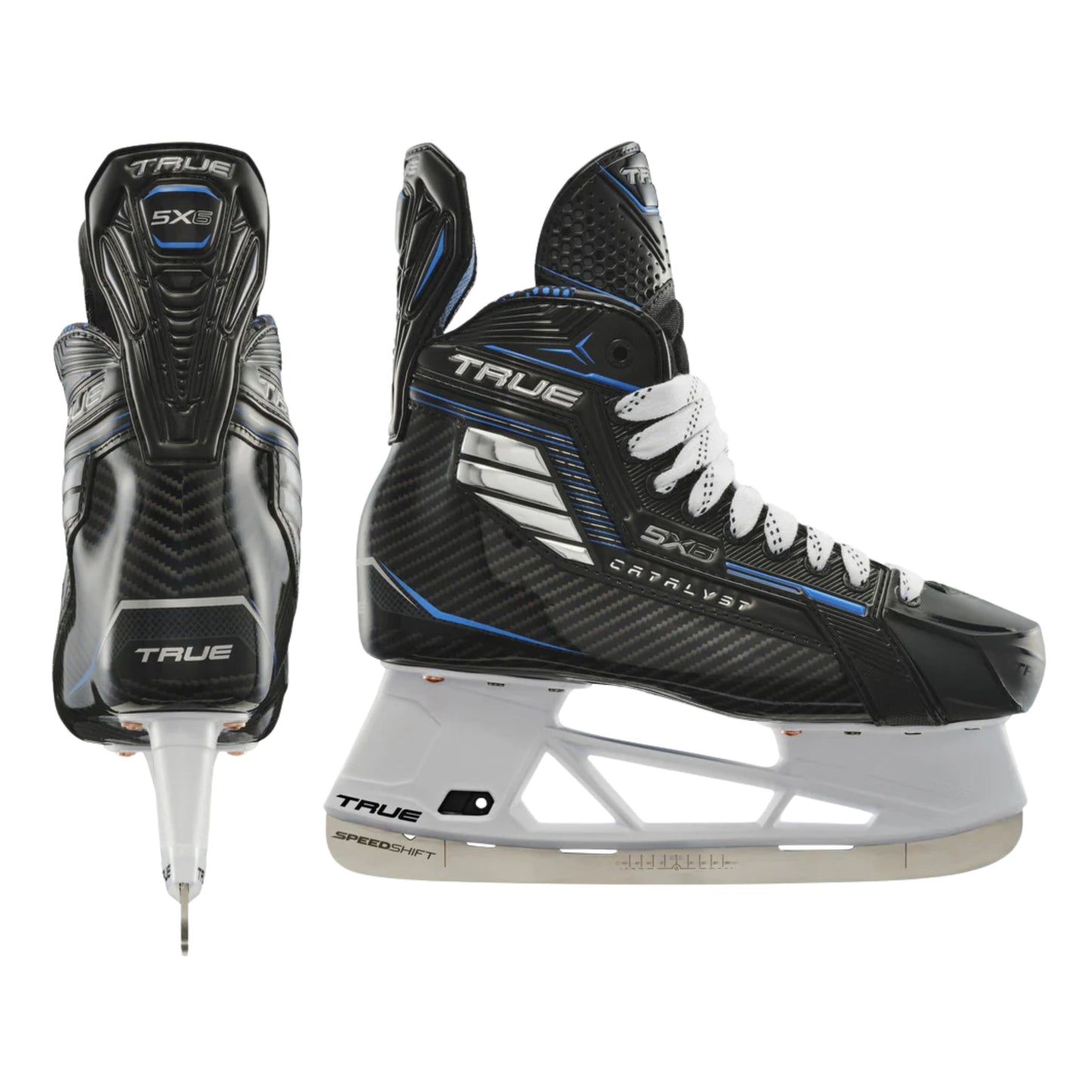 A photo of the True Hockey Catalyst 5X6 Hockey Skates (2026) in colour black and blue with white laces and a silver TRUE logo.