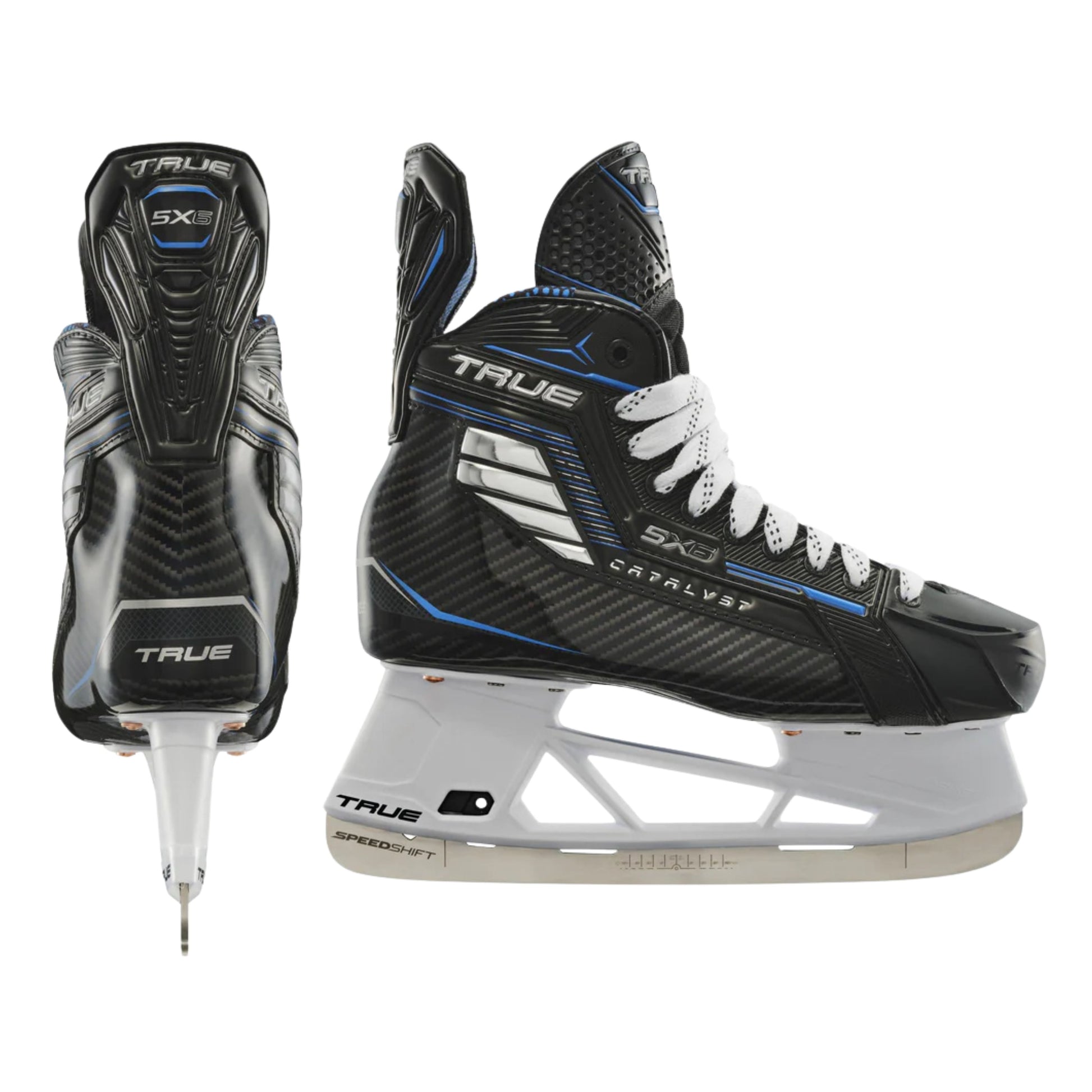 A photo of the True Hockey Catalyst 5X6 Hockey Skates (2026) in colour black and blue with white laces and a silver TRUE logo.