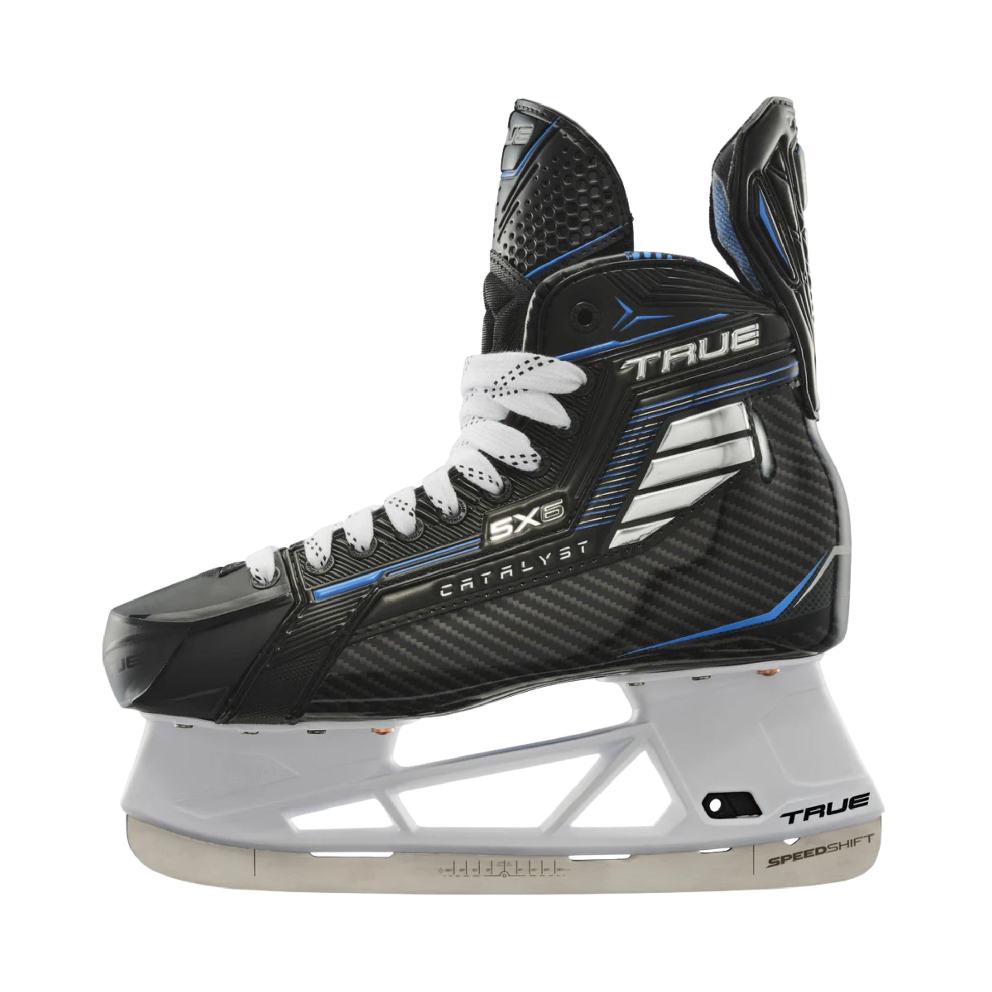 A photo of the True Hockey Catalyst 5X6 Hockey Skates (2026) in colour black and blue with white laces and a silver TRUE logo.