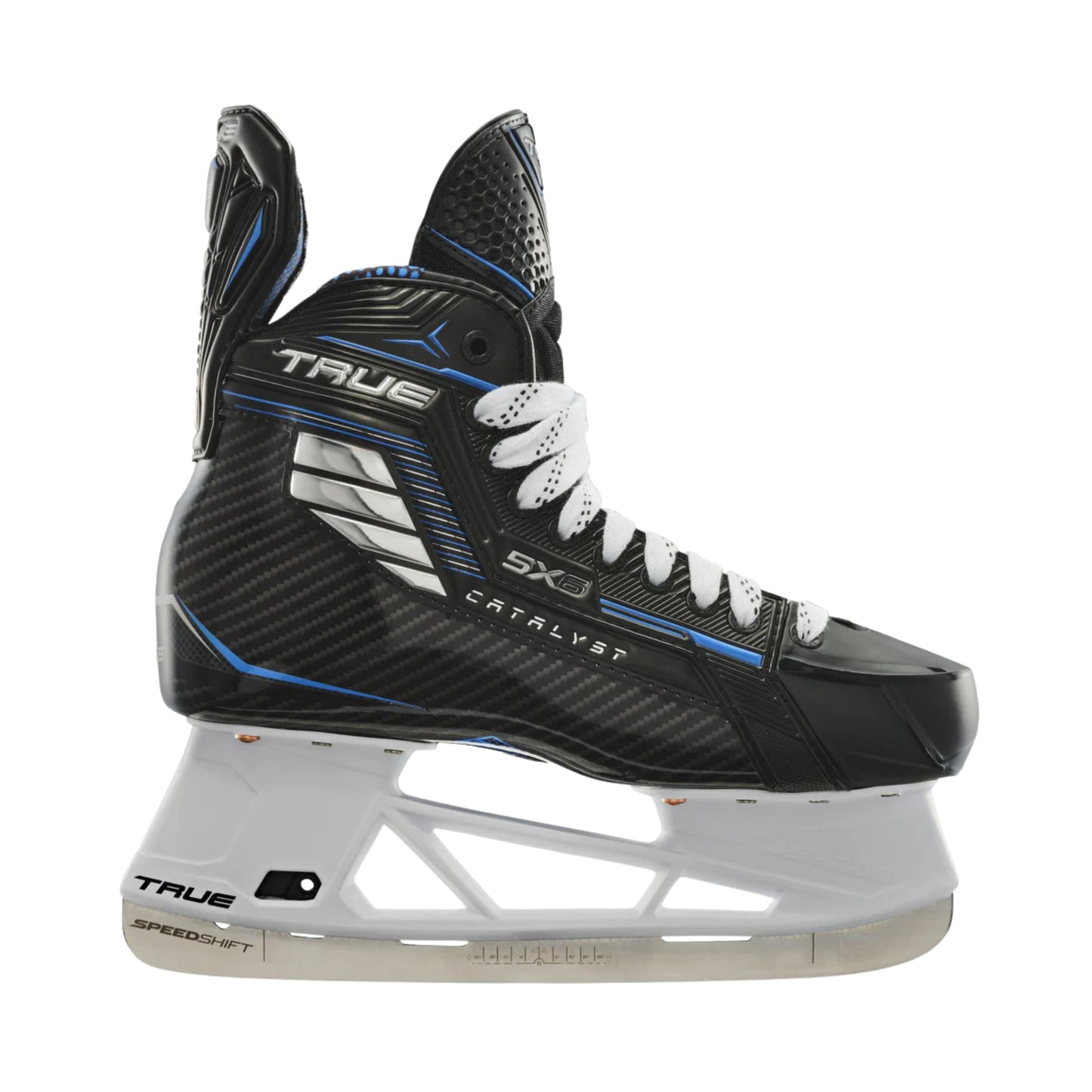 A photo of the True Hockey Catalyst 5X6 Hockey Skates (2026) in colour black and blue with white laces and a silver TRUE logo.