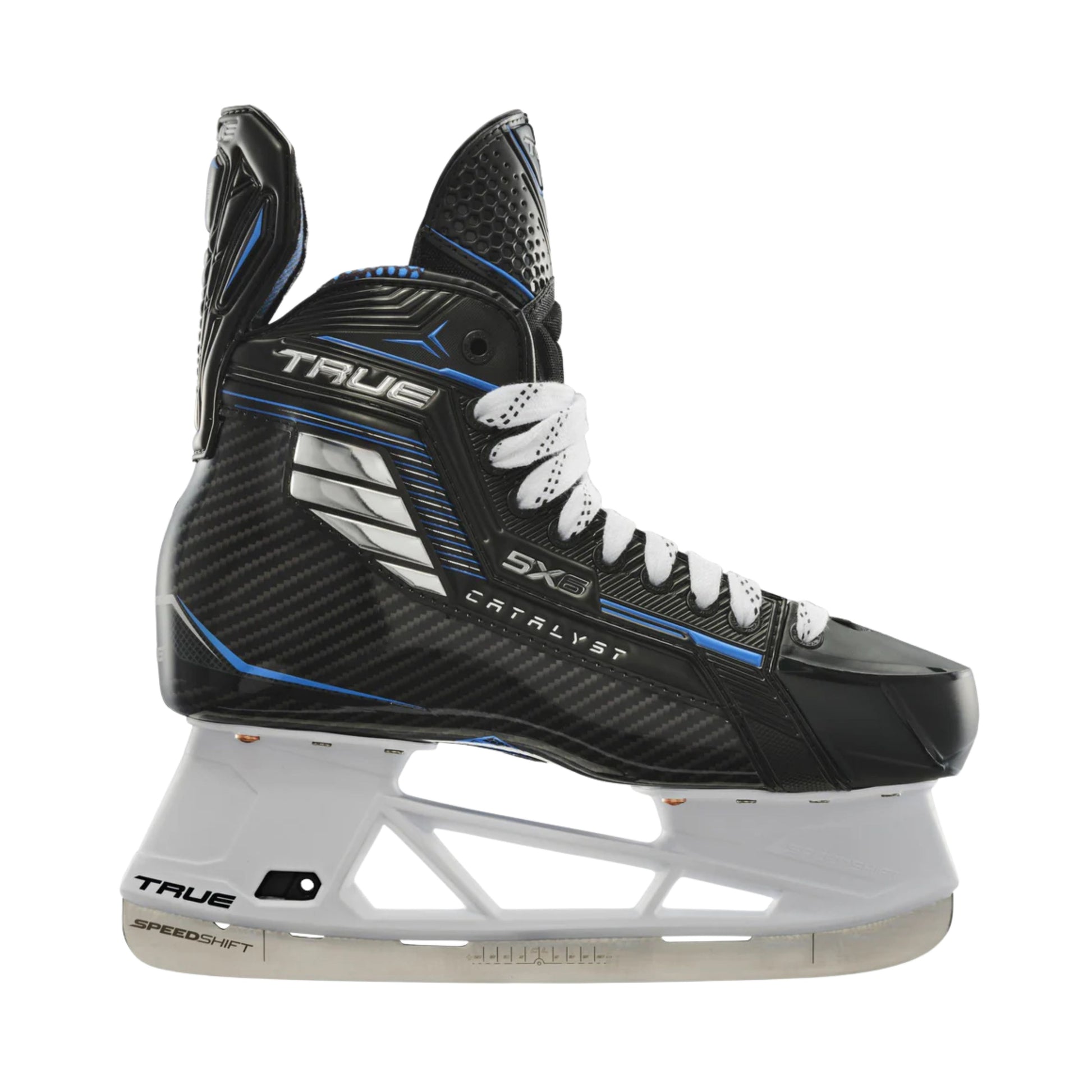 A photo of the True Hockey Catalyst 5X6 Hockey Skates (2026) in colour black and blue with white laces and a silver TRUE logo.