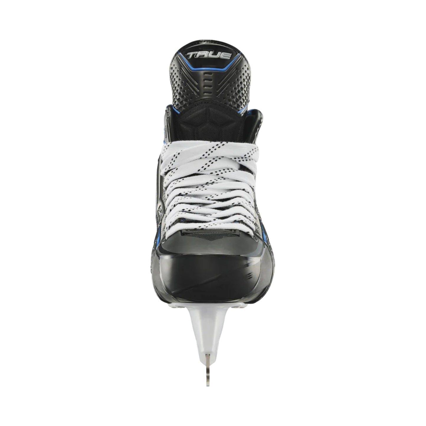 A photo of the True Hockey Catalyst 5X6 Hockey Skates (2026) in colour black and blue with white laces and a silver TRUE logo.