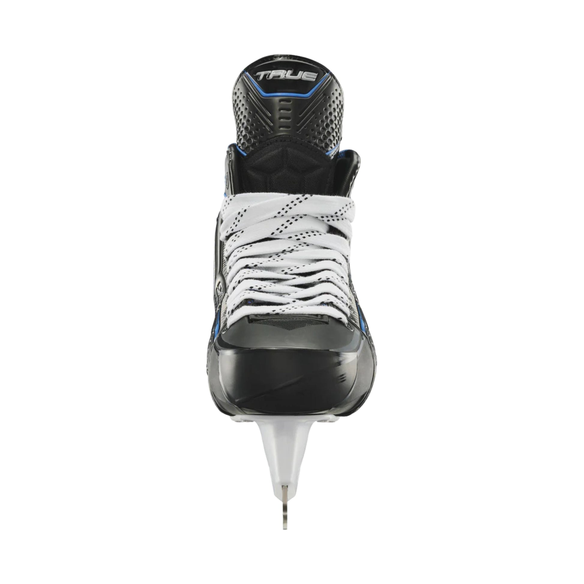 A photo of the True Hockey Catalyst 5X6 Hockey Skates (2026) in colour black and blue with white laces and a silver TRUE logo.
