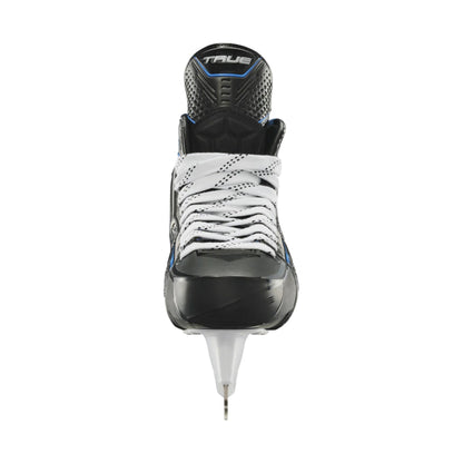 A photo of the True Hockey Catalyst 5X6 Hockey Skates (2026) in colour black and blue with white laces and a silver TRUE logo.