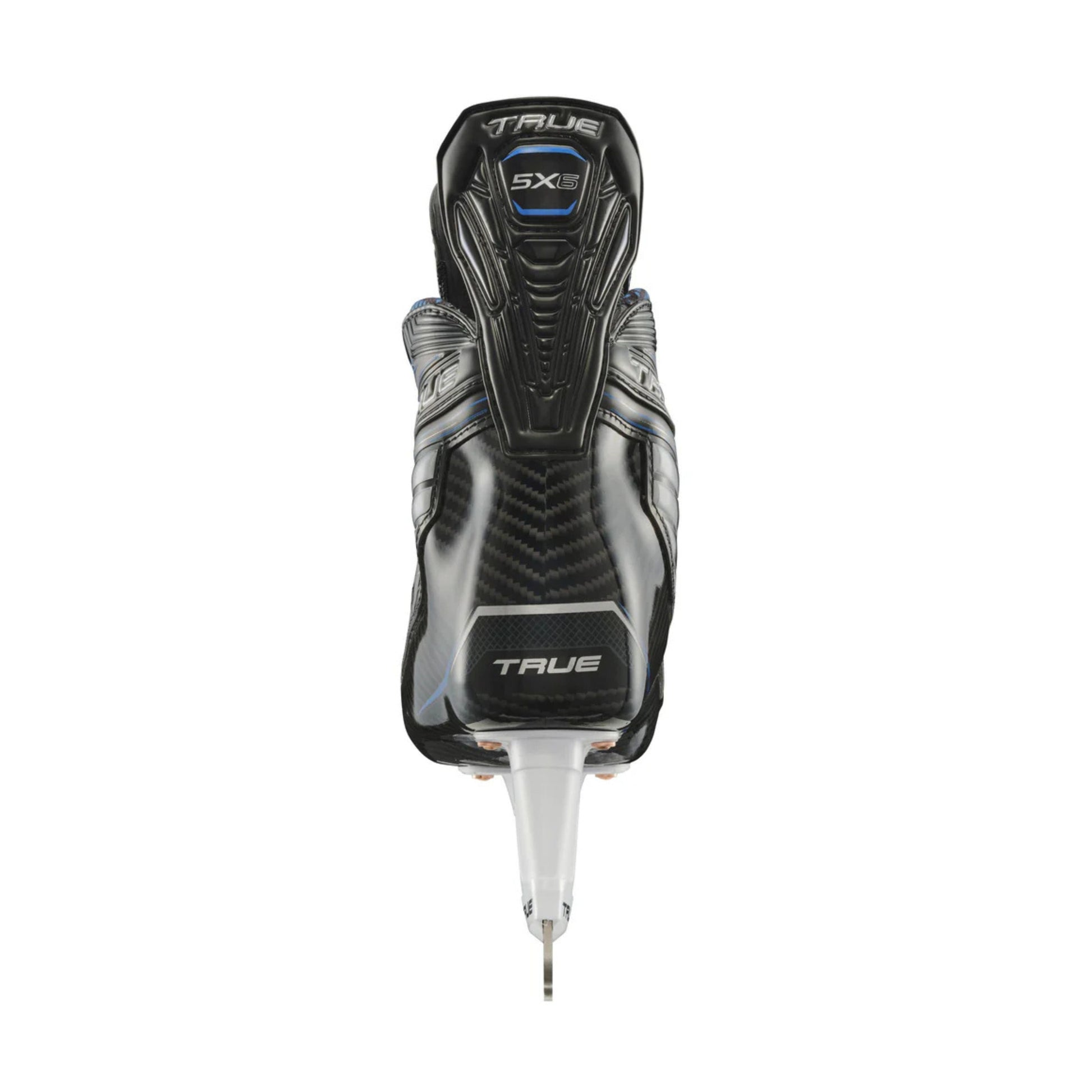 A photo of the True Hockey Catalyst 5X6 Hockey Skates (2026) in colour black and blue with white laces and a silver TRUE logo.