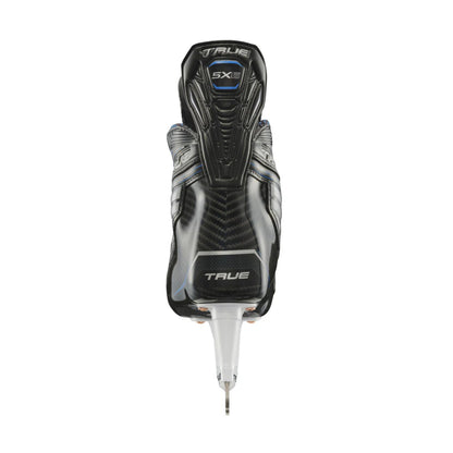 A photo of the True Hockey Catalyst 5X6 Hockey Skates (2026) in colour black and blue with white laces and a silver TRUE logo.