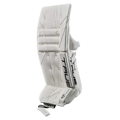 A photo of the True Catalyst 7X3 Senior Goalie Pads in colour white. Angled view.