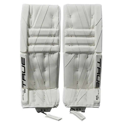 A photo of the True Catalyst 7X3 Senior Goalie Pads in colour white. Front view.