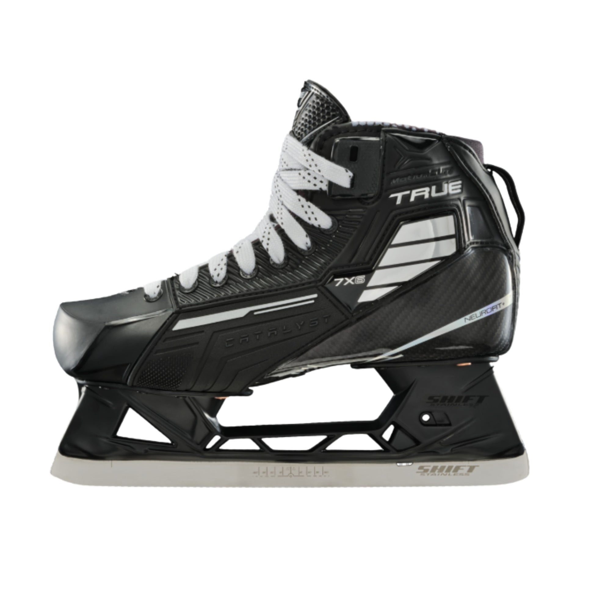 A photo of the True Hockey Catalyst 7X6 Goalie Skate in colour black and white.