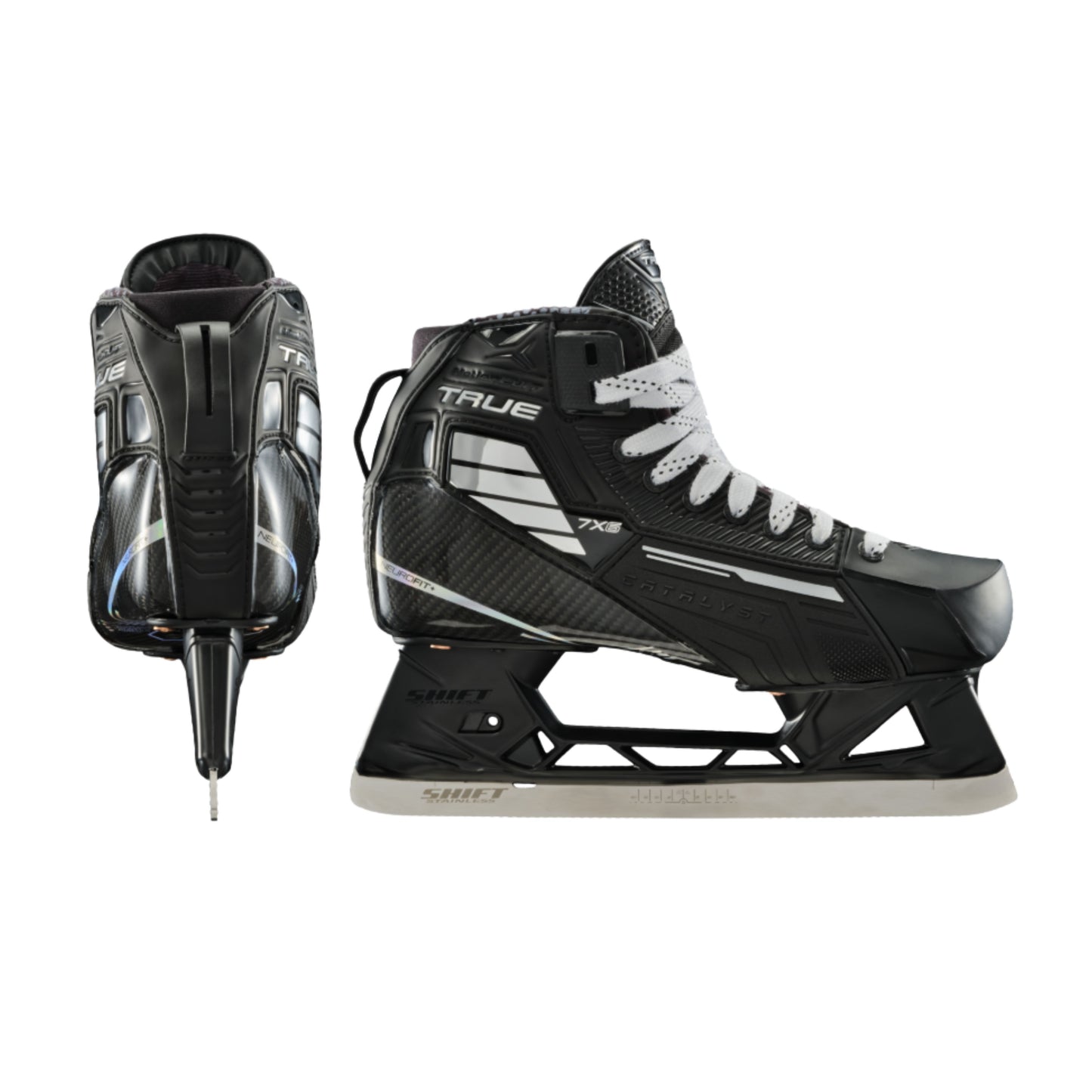 A photo of the True Hockey Catalyst 7X6 Goalie Skate in colour black and white.