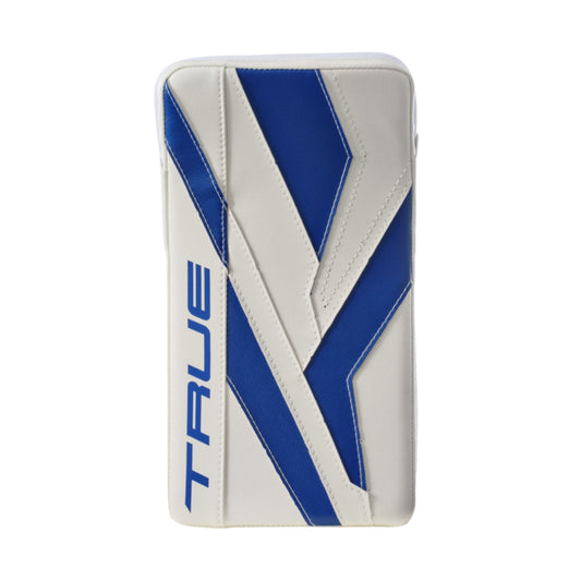 A photo of the True Hockey Catalyst 7X6 Goalie Blocker in colour white and blue.