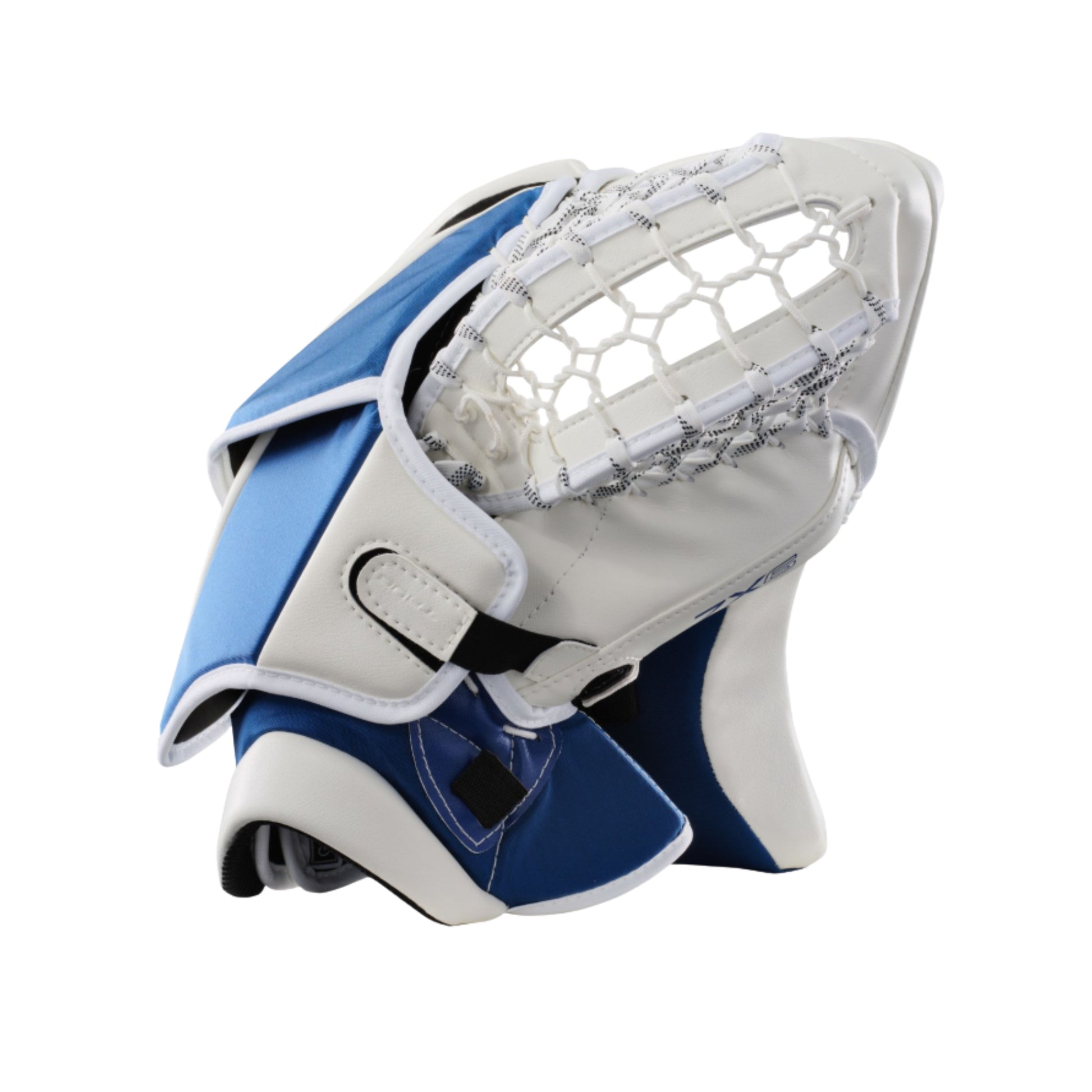 A photo of the True Hockey Catalyst 7X6 Goalie Catcher in colour white and royal blue.