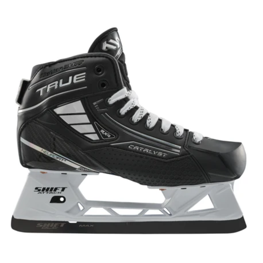 A photo of the True Catalyst 9X4 senior goalie skate in black and white with carbon composite boot, reinforced protection features, NeuRPT+ performance construction, and SHIFT Attack holder with stainless steel blade for high-level goaltending.