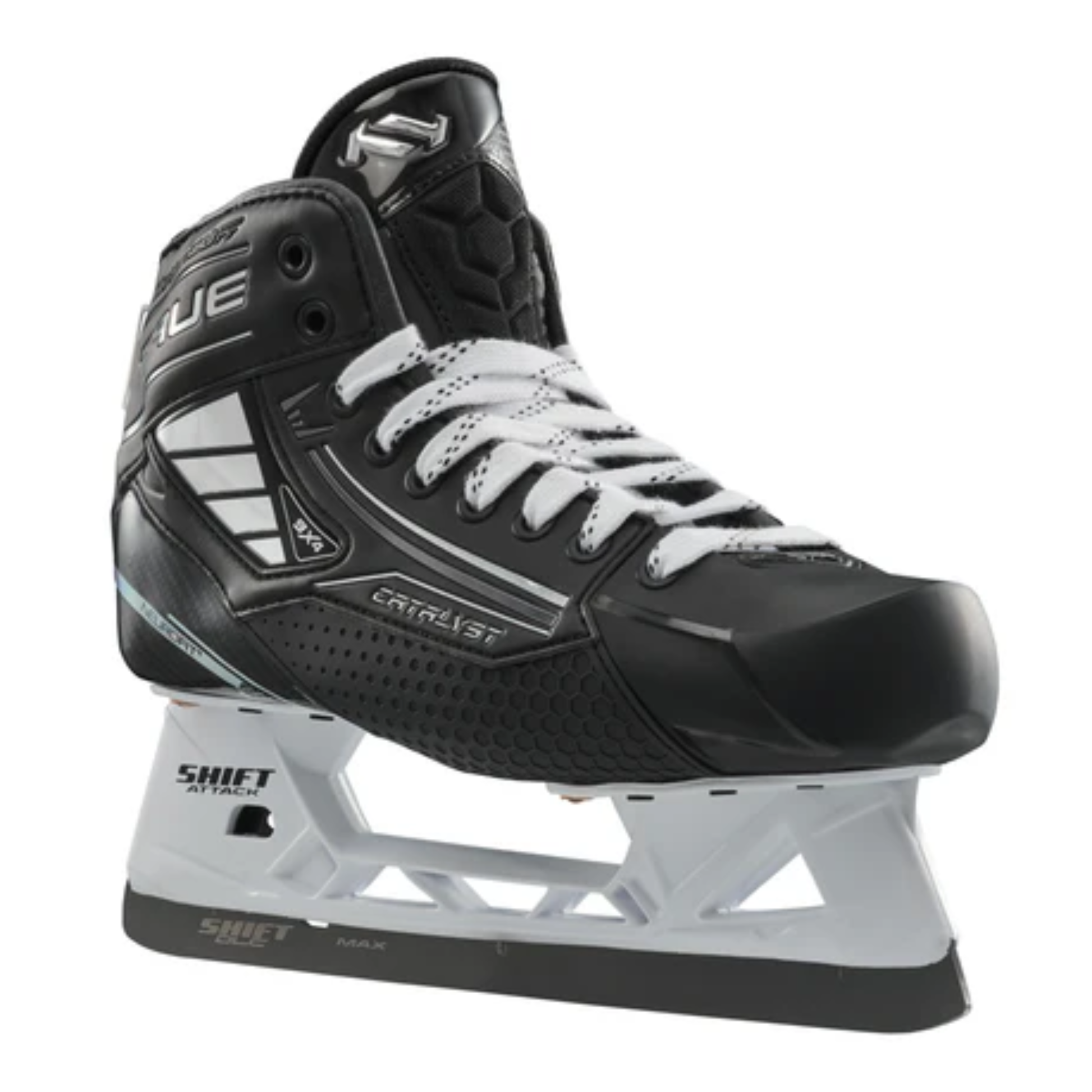 A photo of the True Catalyst 9X4 senior goalie skate in black and white with carbon composite boot, reinforced protection features, NeuRPT+ performance construction, and SHIFT Attack holder with stainless steel blade for high-level goaltending.