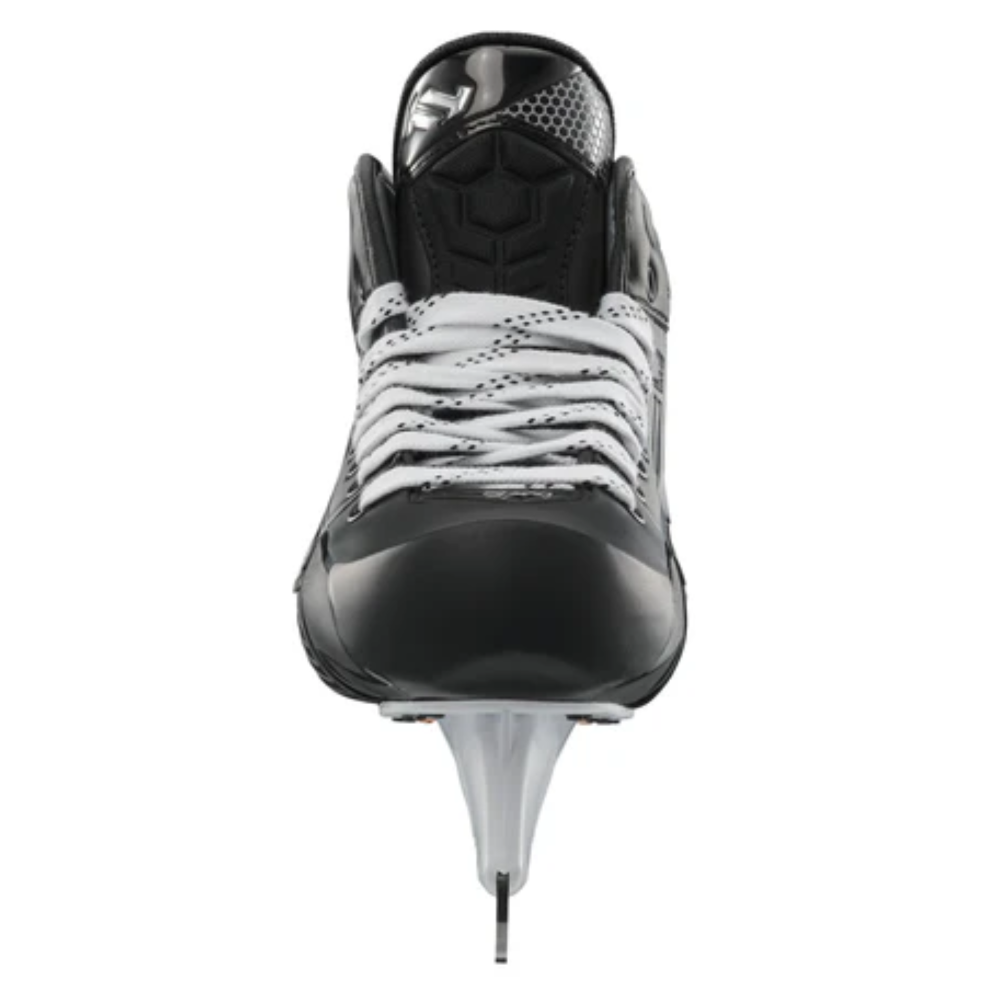A photo of the True Catalyst 9X4 senior goalie skate in black and white with carbon composite boot, reinforced protection features, NeuRPT+ performance construction, and SHIFT Attack holder with stainless steel blade for high-level goaltending.
