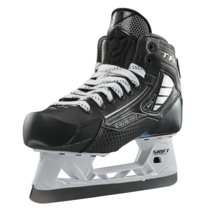 A photo of the True Catalyst 9X4 senior goalie skate in black and white with carbon composite boot, reinforced protection features, NeuRPT+ performance construction, and SHIFT Attack holder with stainless steel blade for high-level goaltending.