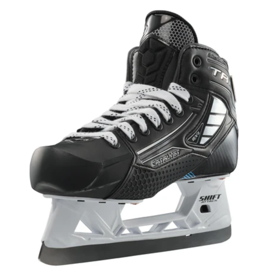 A photo of the True Catalyst 9X4 senior goalie skate in black and white with carbon composite boot, reinforced protection features, NeuRPT+ performance construction, and SHIFT Attack holder with stainless steel blade for high-level goaltending.