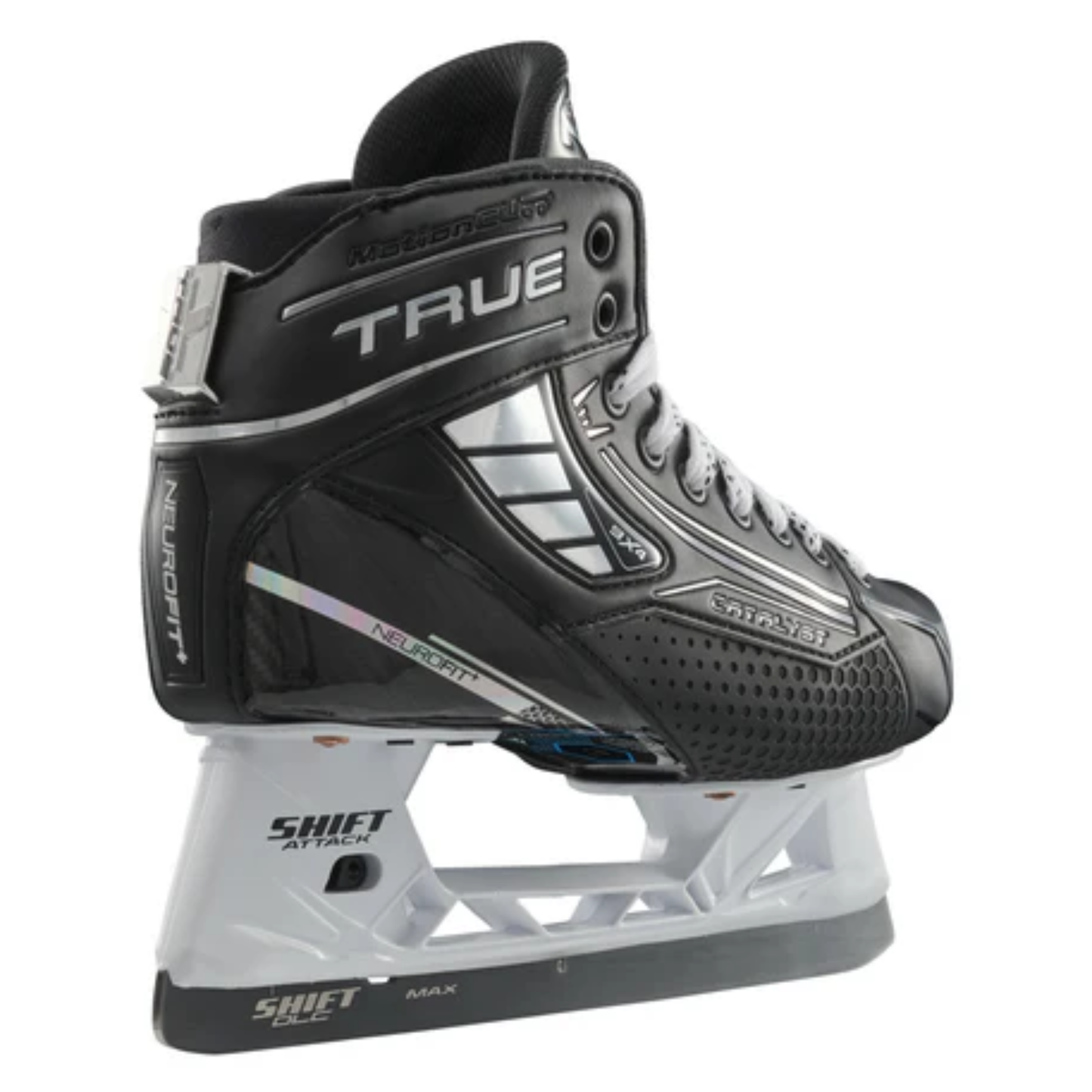 A photo of the True Catalyst 9X4 senior goalie skate in black and white with carbon composite boot, reinforced protection features, NeuRPT+ performance construction, and SHIFT Attack holder with stainless steel blade for high-level goaltending.