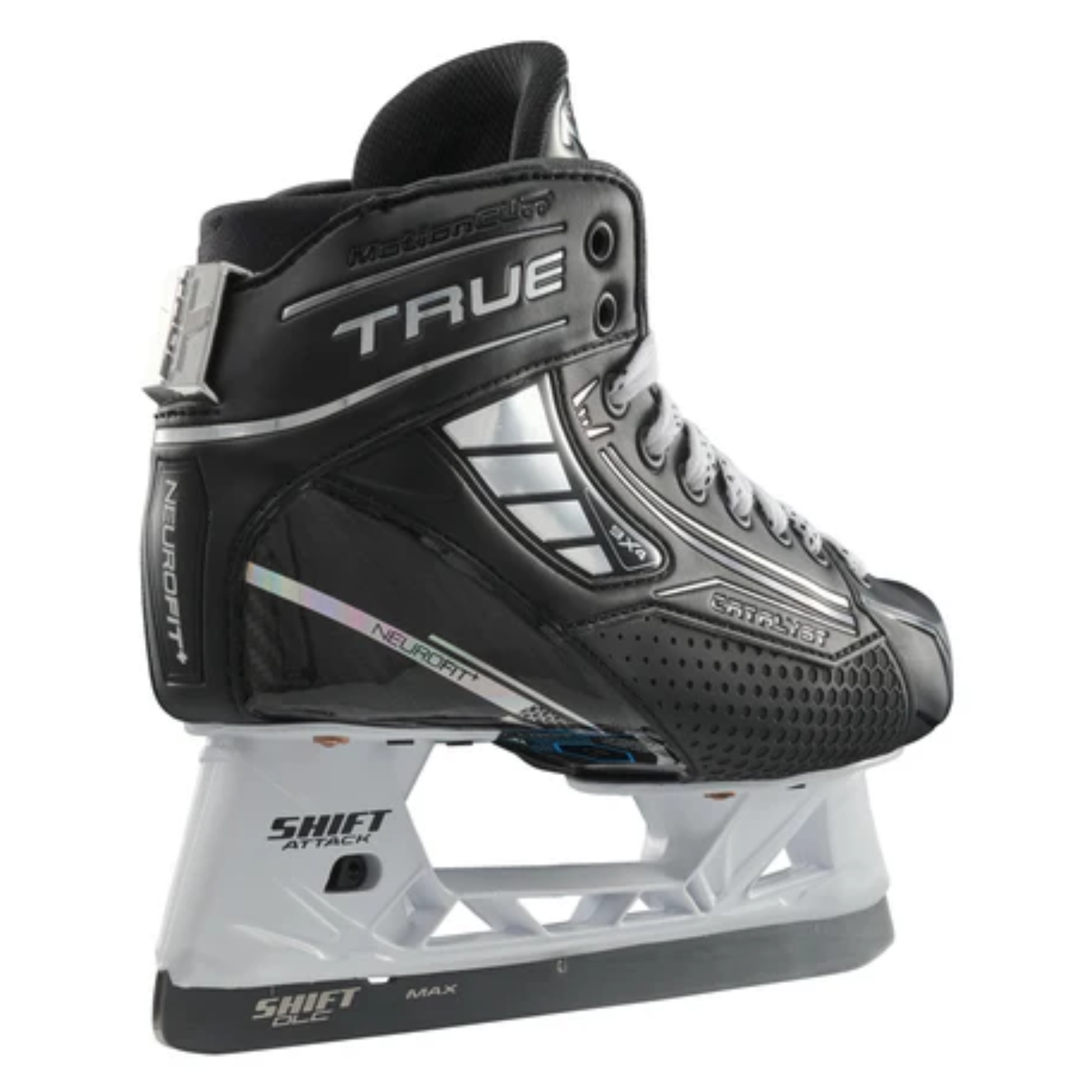 A photo of the True Catalyst 9X4 senior goalie skate in black and white with carbon composite boot, reinforced protection features, NeuRPT+ performance construction, and SHIFT Attack holder with stainless steel blade for high-level goaltending.