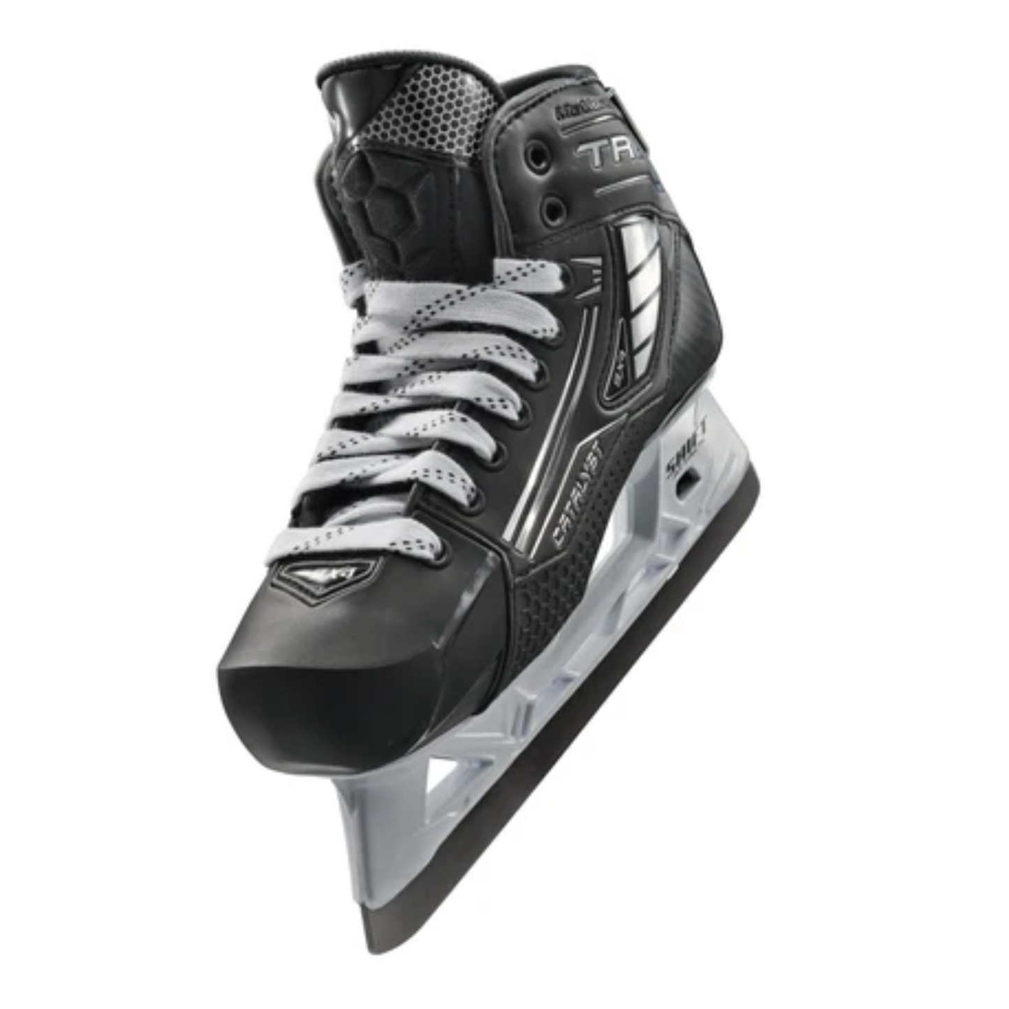 A photo of the True Catalyst 9X4 senior goalie skate in black and white with carbon composite boot, reinforced protection features, NeuRPT+ performance construction, and SHIFT Attack holder with stainless steel blade for high-level goaltending.