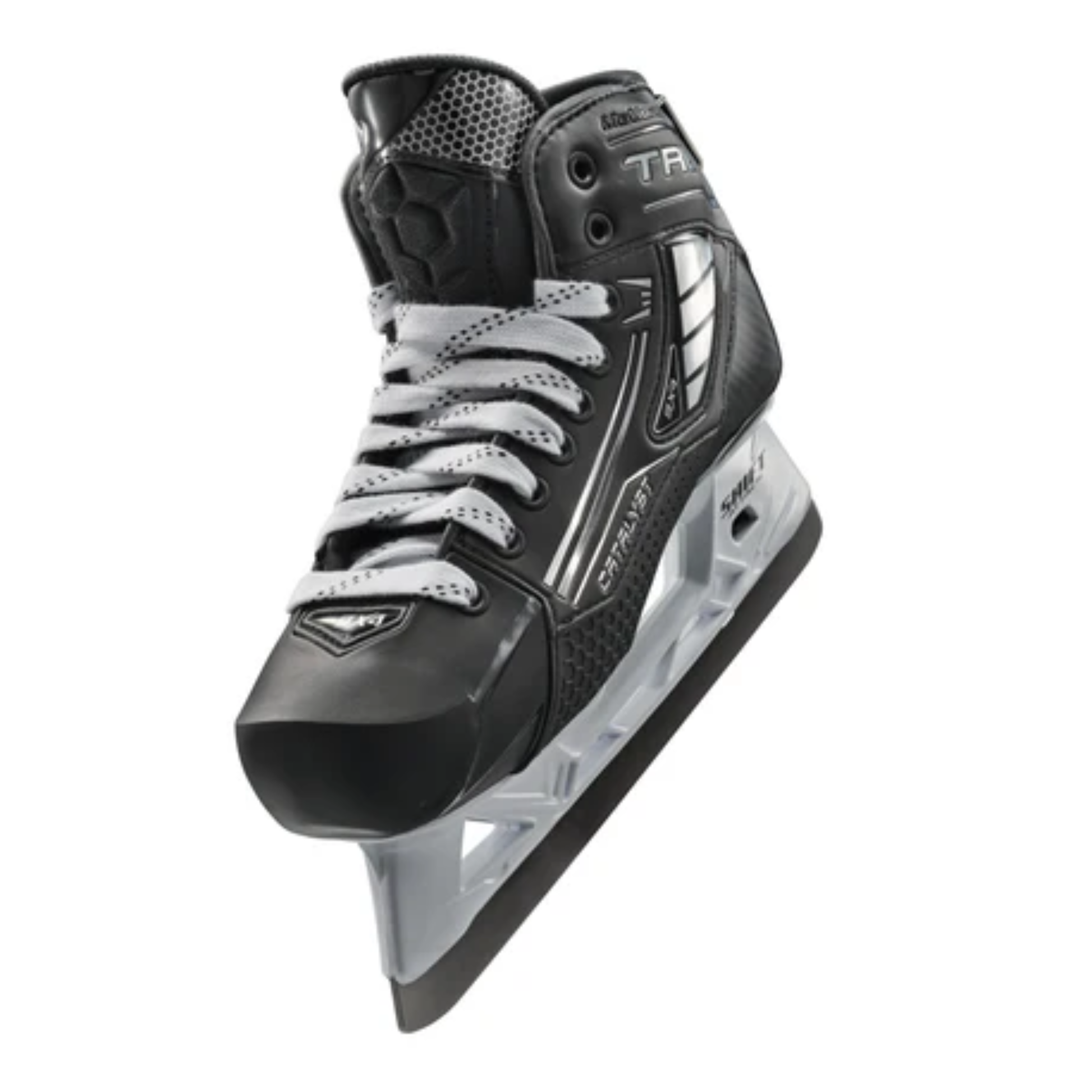 A photo of the True Catalyst 9X4 senior goalie skate in black and white with carbon composite boot, reinforced protection features, NeuRPT+ performance construction, and SHIFT Attack holder with stainless steel blade for high-level goaltending.
