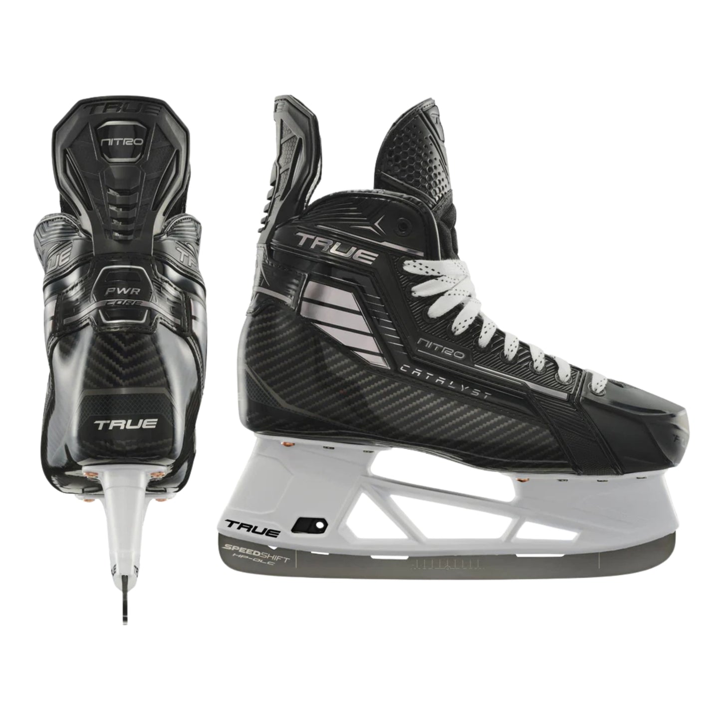 A photo of the True Hockey Catalyst NITRO Hockey Skates (2026) in colour black and silver, with SpeedShift skate blades and a silver TRUE logo