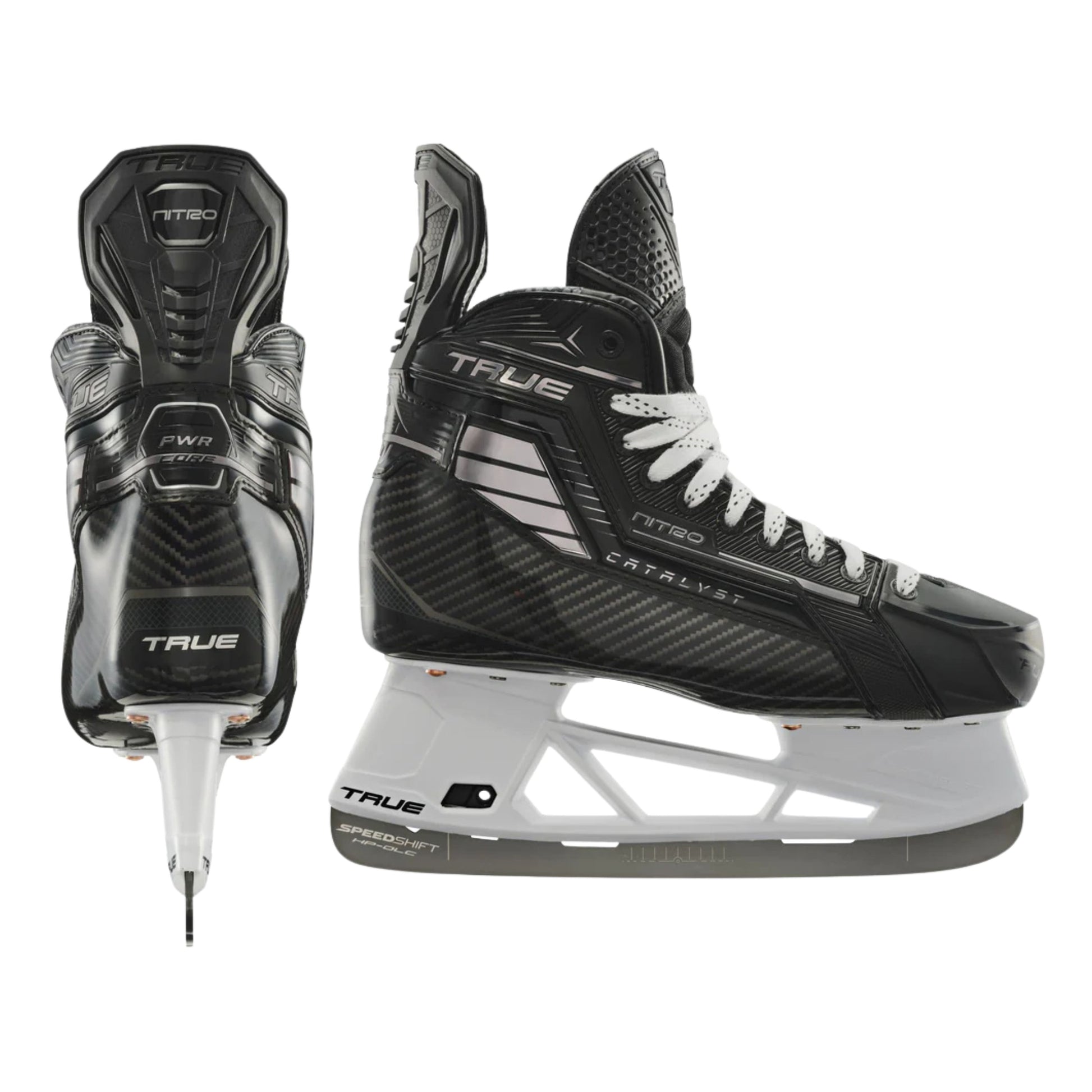 A photo of the True Hockey Catalyst NITRO Hockey Skates (2026) in colour black and silver, with SpeedShift skate blades and a silver TRUE logo