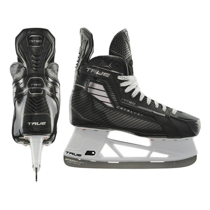 A photo of the True Hockey Catalyst NITRO Hockey Skates (2026) in colour black and silver, with SpeedShift skate blades and a silver TRUE logo