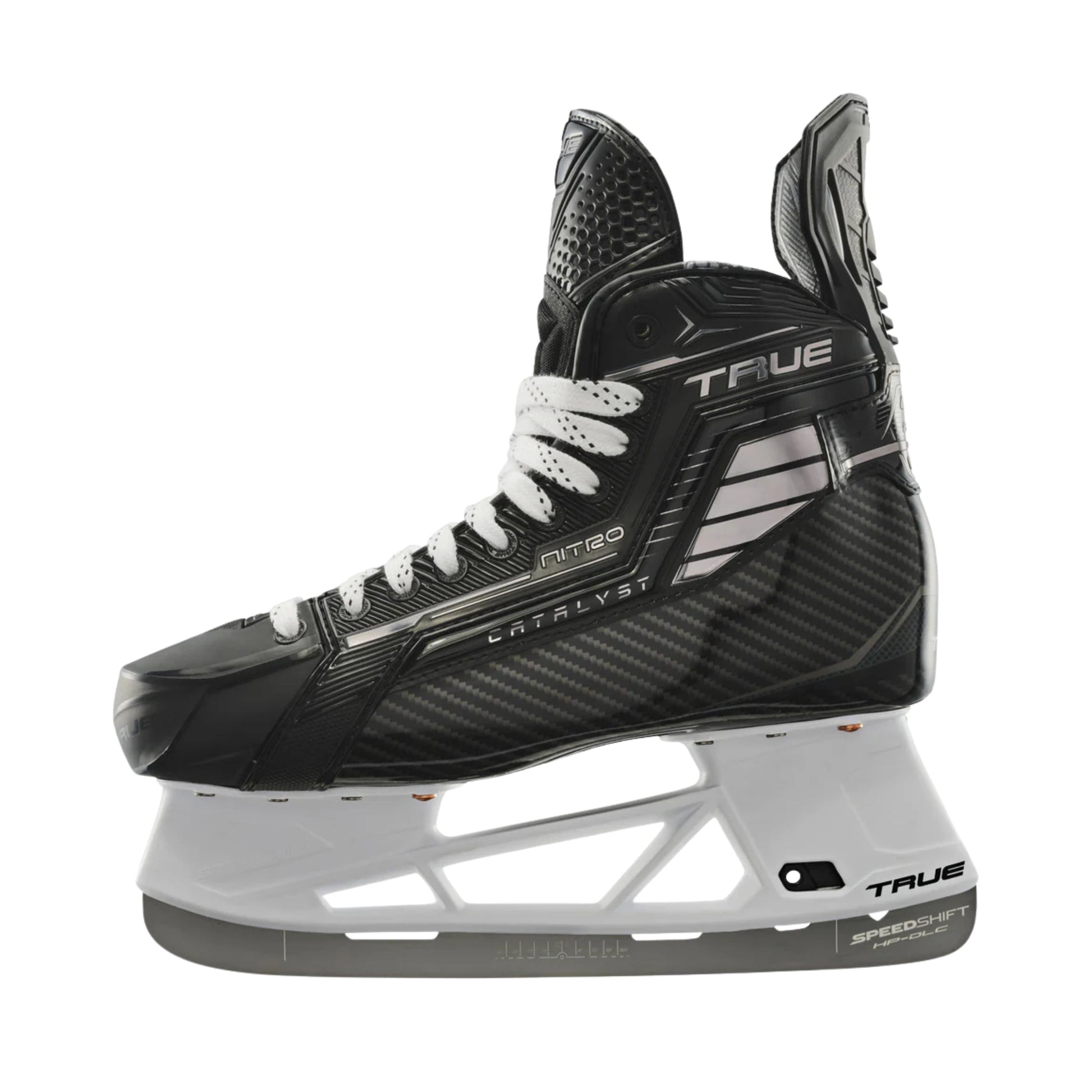 A photo of the True Hockey Catalyst NITRO Hockey Skates (2026) in colour black and silver, with SpeedShift skate blades and a silver TRUE logo