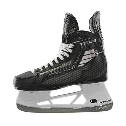 A photo of the True Hockey Catalyst NITRO Hockey Skates (2026) in colour black and silver, with SpeedShift skate blades and a silver TRUE logo