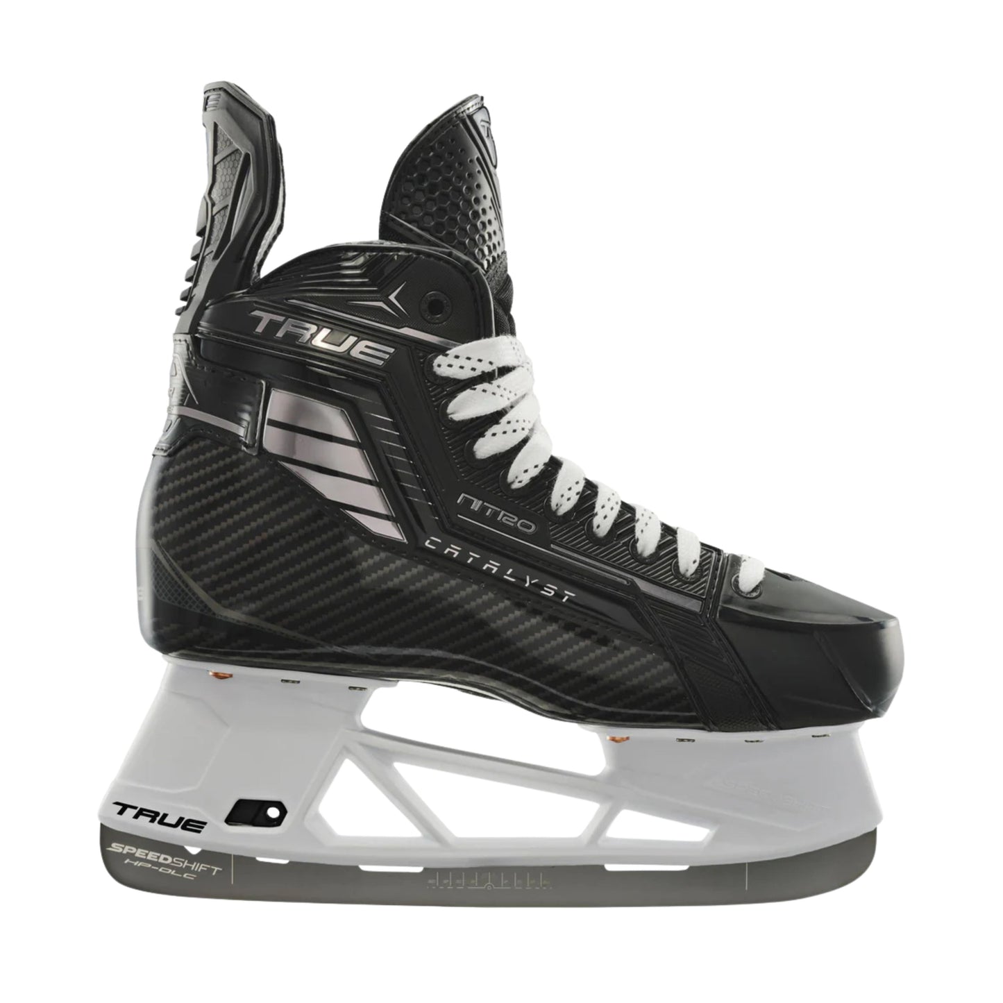 A photo of the True Hockey Catalyst NITRO Hockey Skates (2026) in colour black and silver, with SpeedShift skate blades and a silver TRUE logo