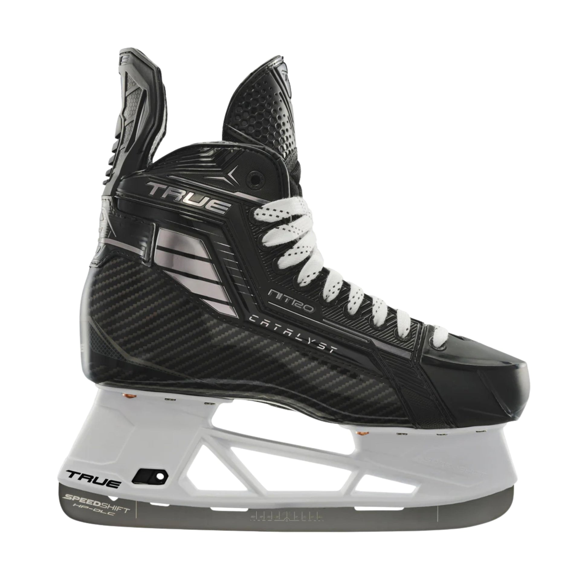 A photo of the True Hockey Catalyst NITRO Hockey Skates (2026) in colour black and silver, with SpeedShift skate blades and a silver TRUE logo