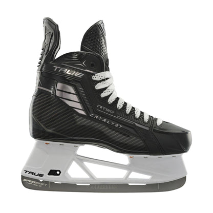 A photo of the True Hockey Catalyst NITRO Hockey Skates (2026) in colour black and silver, with SpeedShift skate blades and a silver TRUE logo