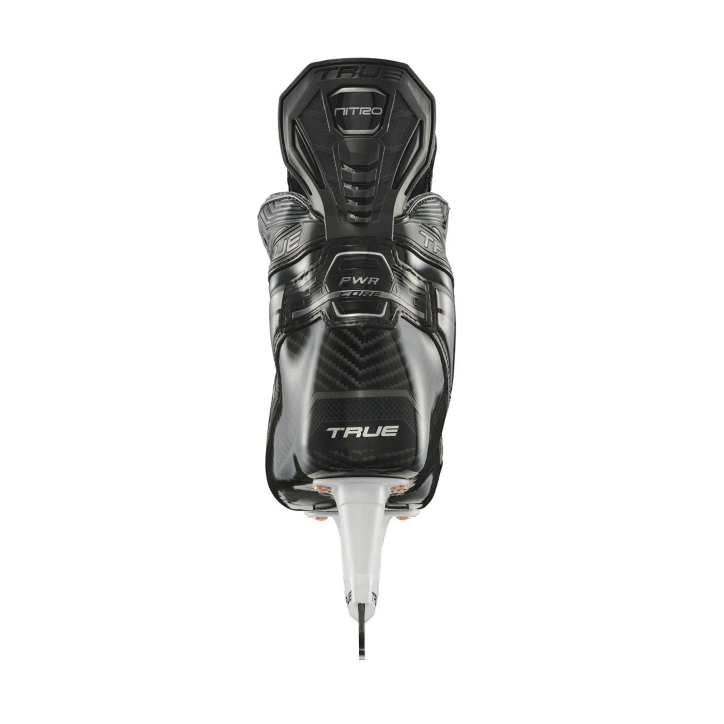 A photo of the True Hockey Catalyst NITRO Hockey Skates (2026) in colour black and silver, with SpeedShift skate blades and a silver TRUE logo