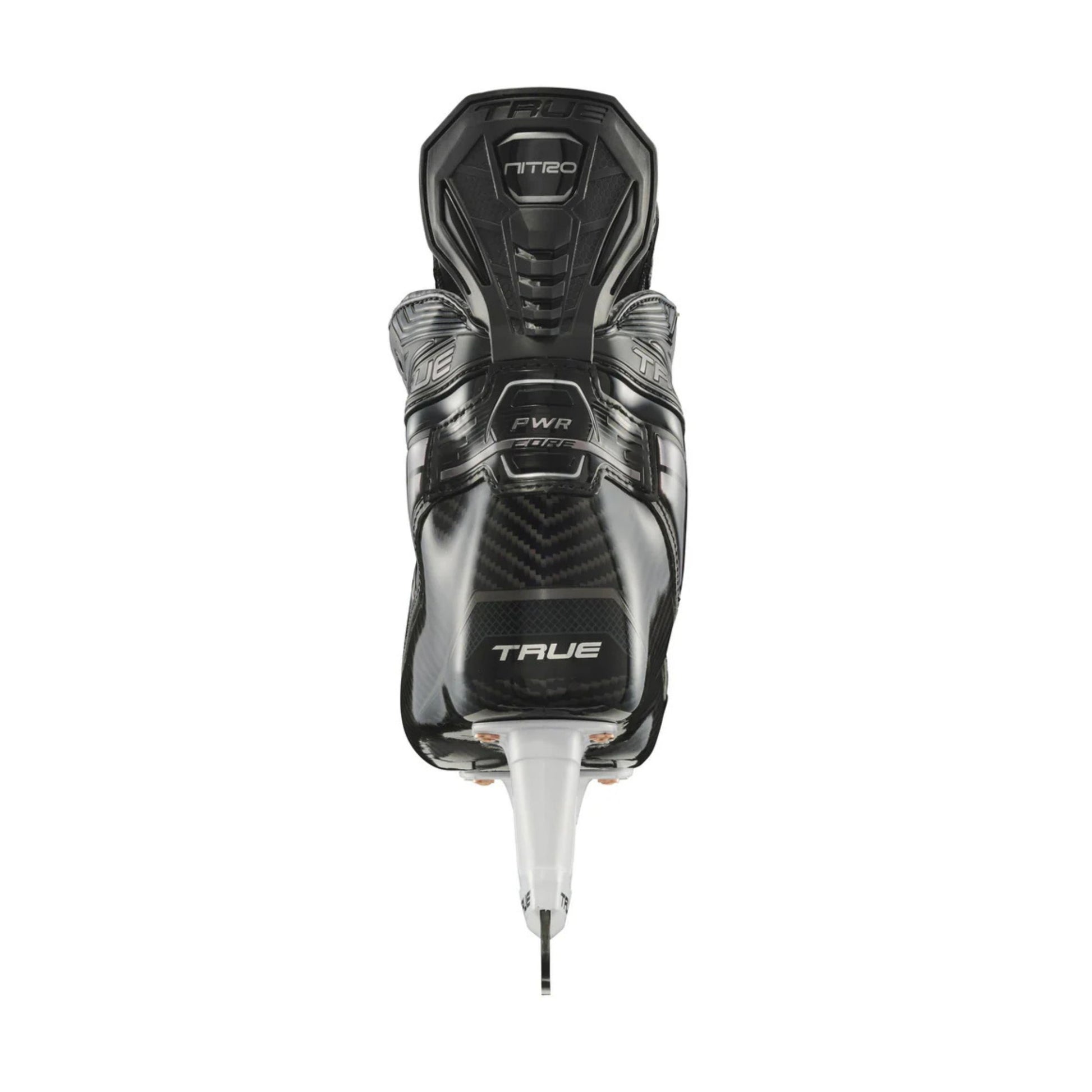 A photo of the True Hockey Catalyst NITRO Hockey Skates (2026) in colour black and silver, with SpeedShift skate blades and a silver TRUE logo