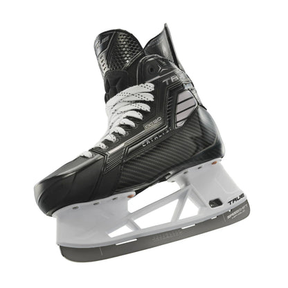 A photo of the True Hockey Catalyst NITRO Hockey Skates (2026) in colour black and silver, with SpeedShift skate blades and a silver TRUE logo