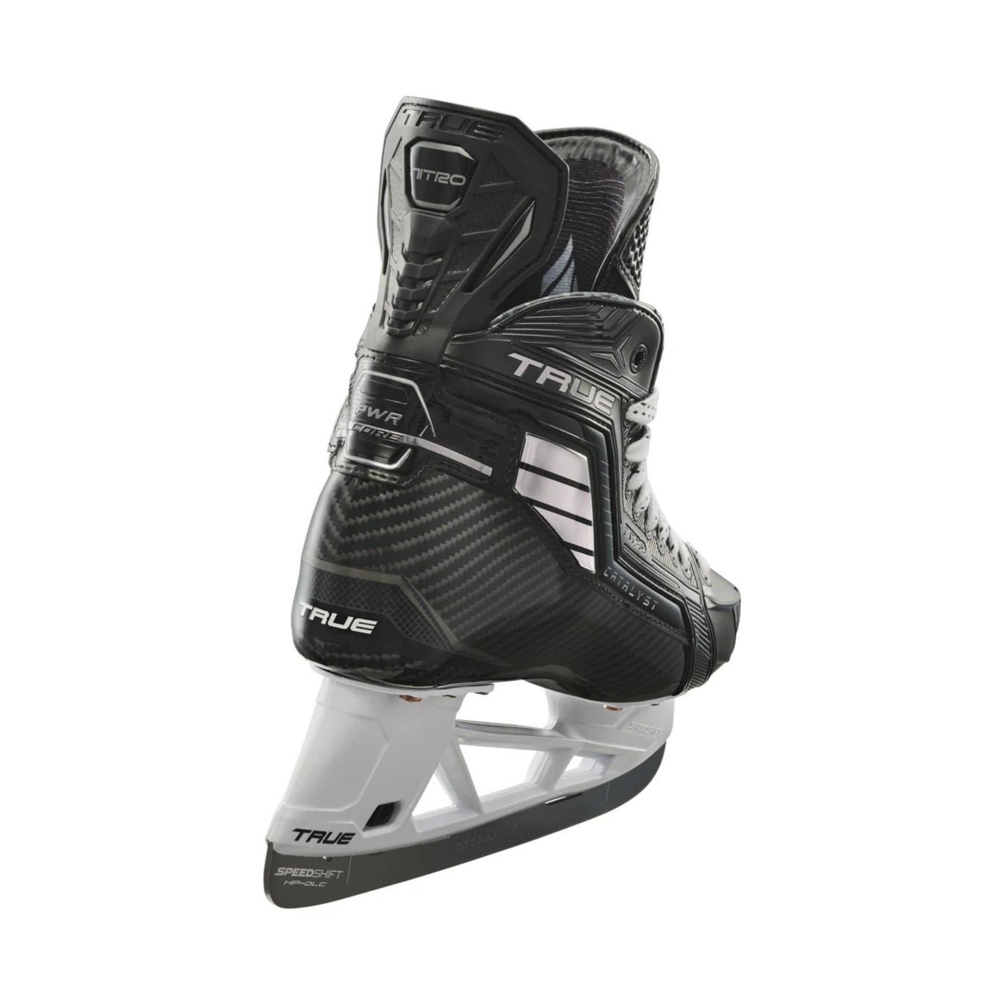 A photo of the True Hockey Catalyst NITRO Hockey Skates (2026) in colour black and silver, with SpeedShift skate blades and a silver TRUE logo
