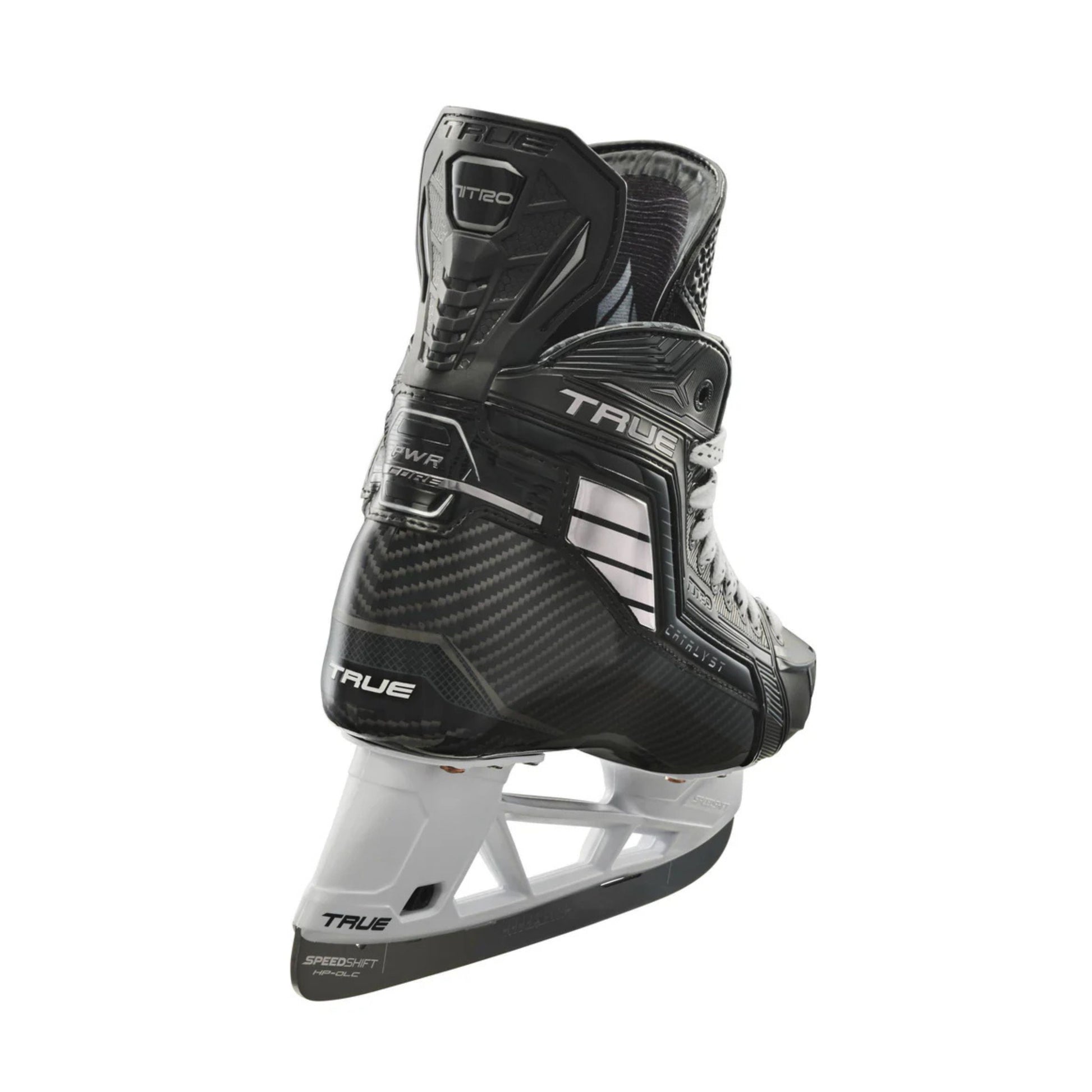A photo of the True Hockey Catalyst NITRO Hockey Skates (2026) in colour black and silver, with SpeedShift skate blades and a silver TRUE logo