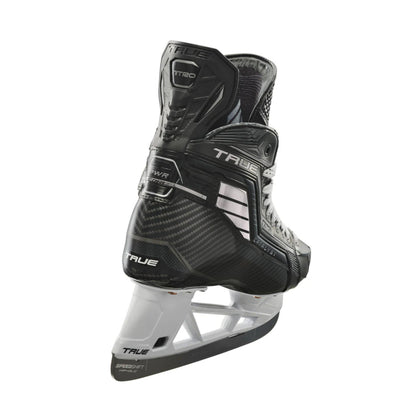 A photo of the True Hockey Catalyst NITRO Hockey Skates (2026) in colour black and silver, with SpeedShift skate blades and a silver TRUE logo