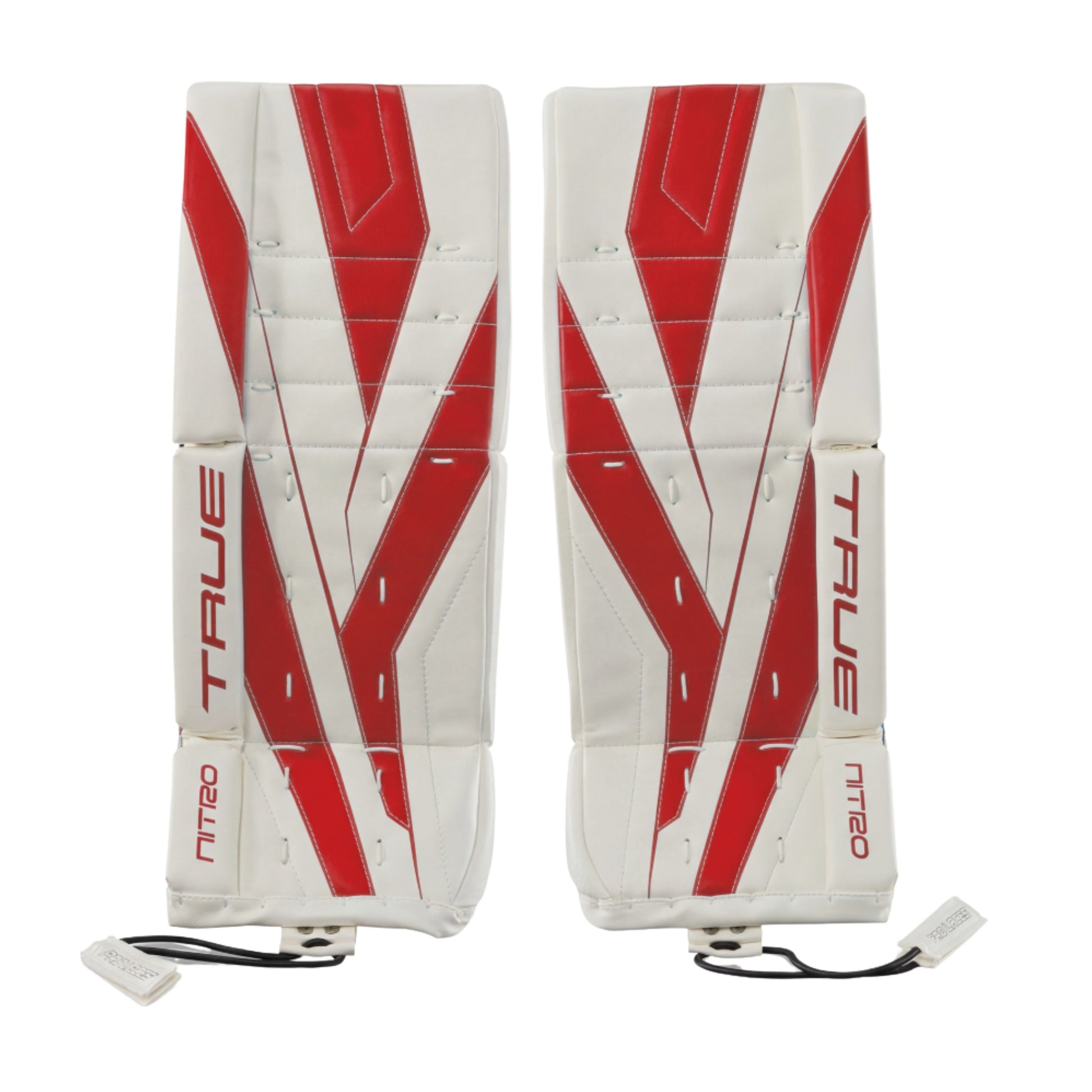 A photo of the True Hockey Catalyst Nitro Junior Goalie Pad in colour white and red.