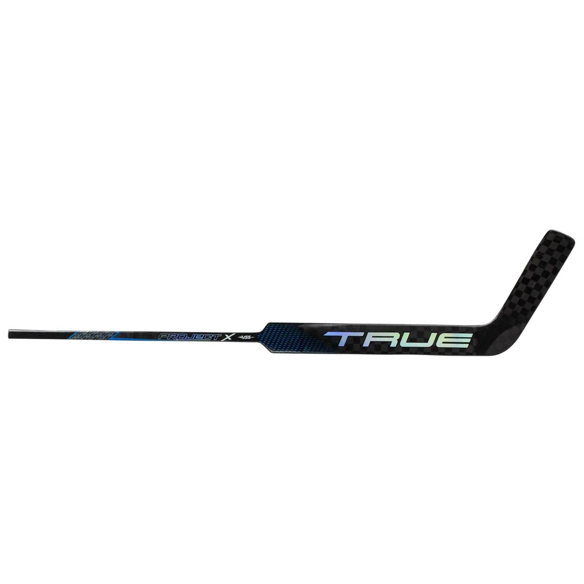 A photo of the True Project X Senior Goalie Stick in colour black. Side view.