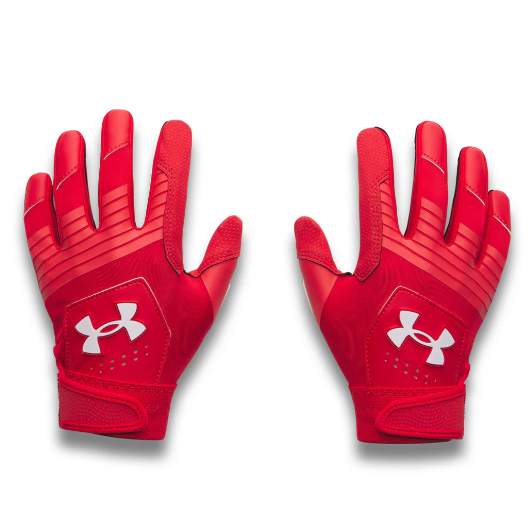 A photo of the Under Armour Clean Up T-Ball Boy's Batting Gloves in colour red