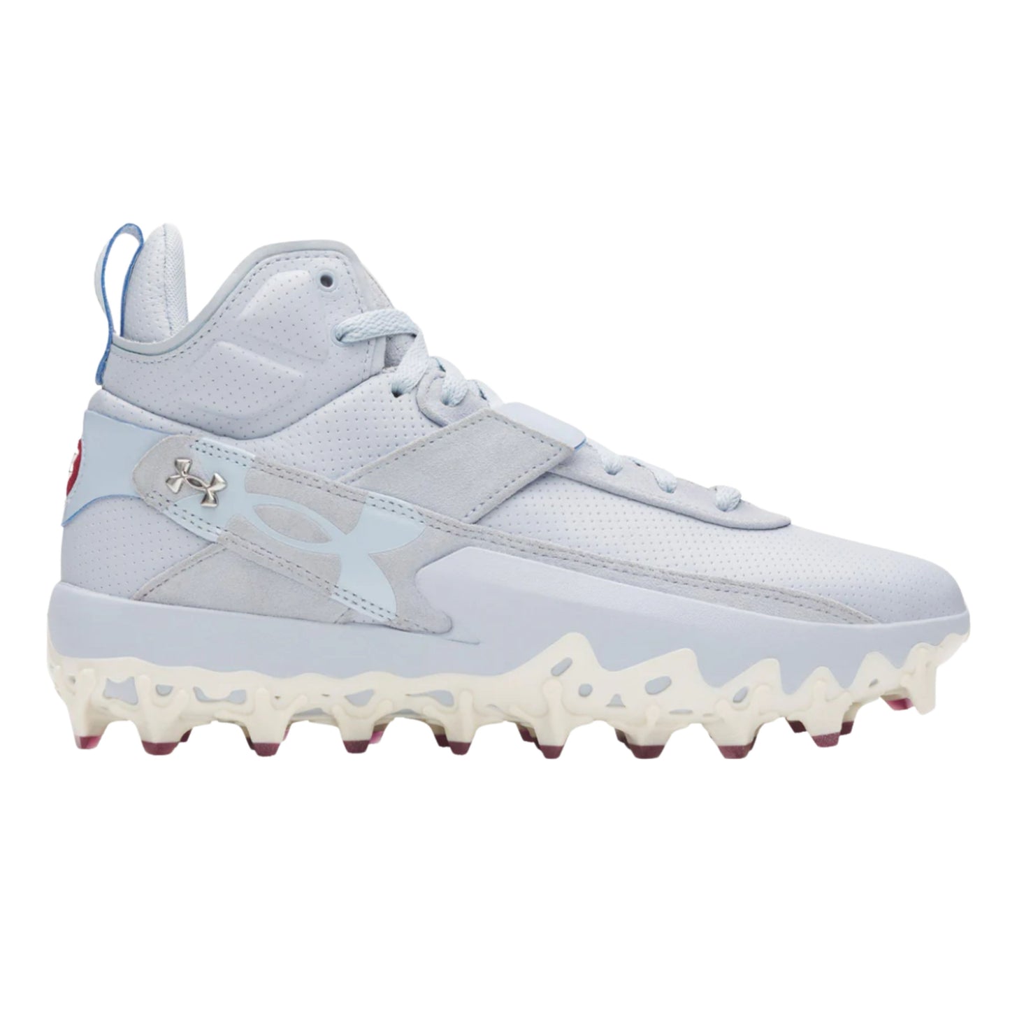 A photo of the Under Armour Harper 10 Pro TPU Mid Men's Baseball Cleats in colour blue and white.