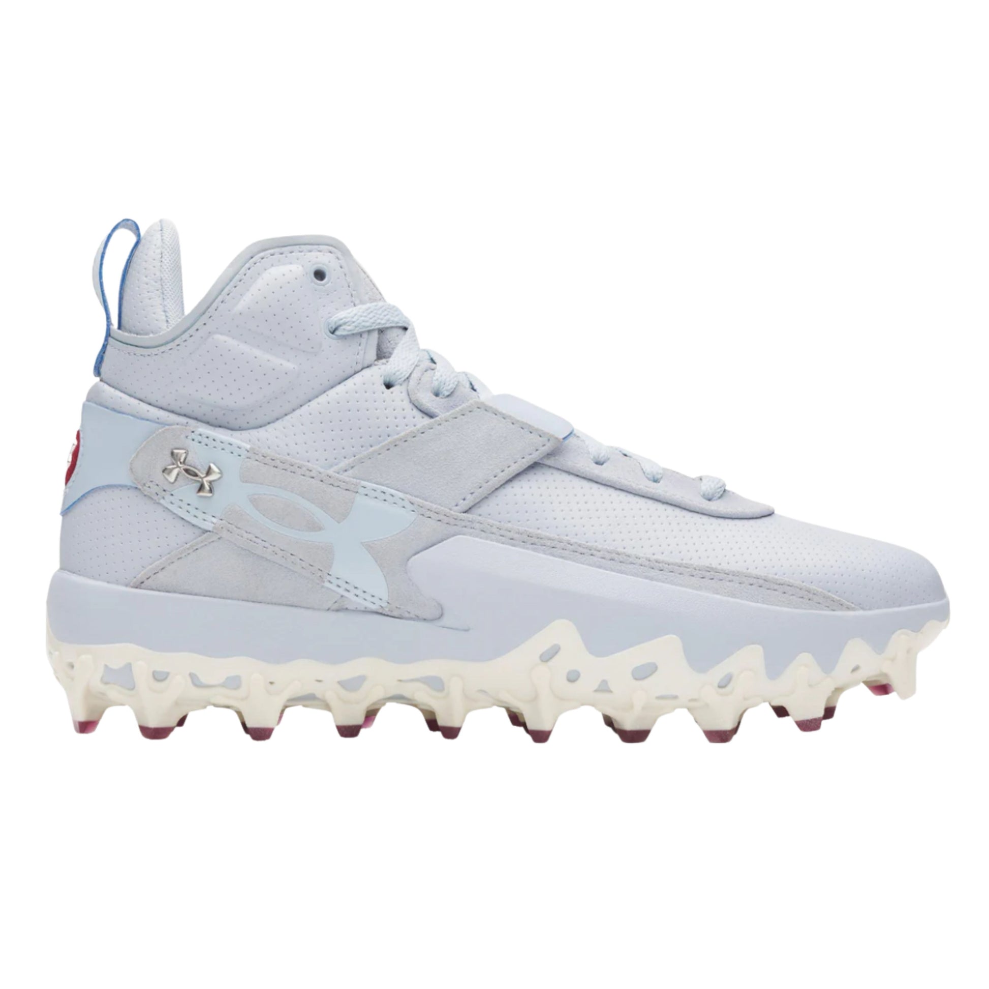 A photo of the Under Armour Harper 10 Pro TPU Mid Men's Baseball Cleats in colour blue and white.