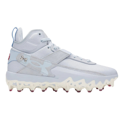 A photo of the Under Armour Harper 10 Pro TPU Mid Men's Baseball Cleats in colour blue and white.
