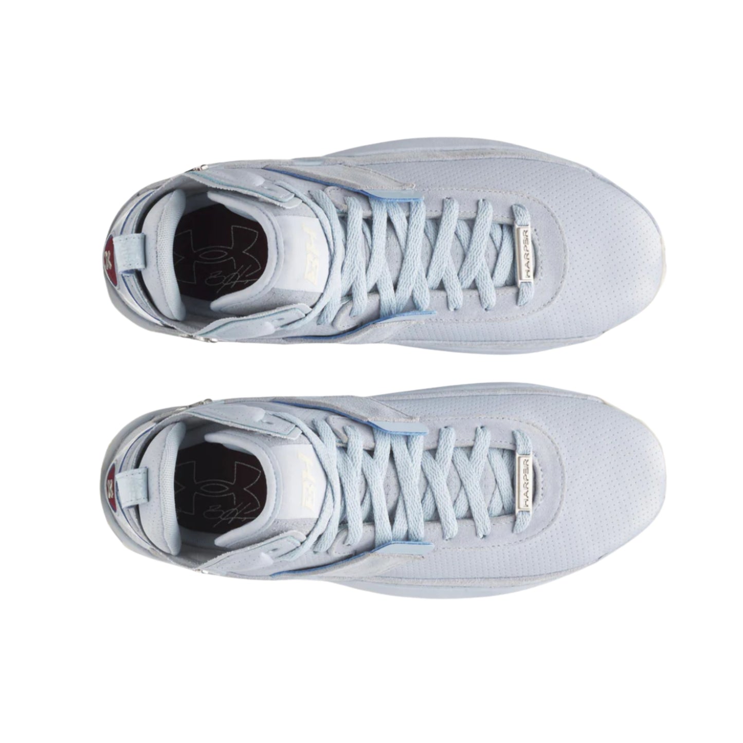 A photo of the Under Armour Harper 10 Pro TPU Mid Men's Baseball Cleats in colour blue and white.