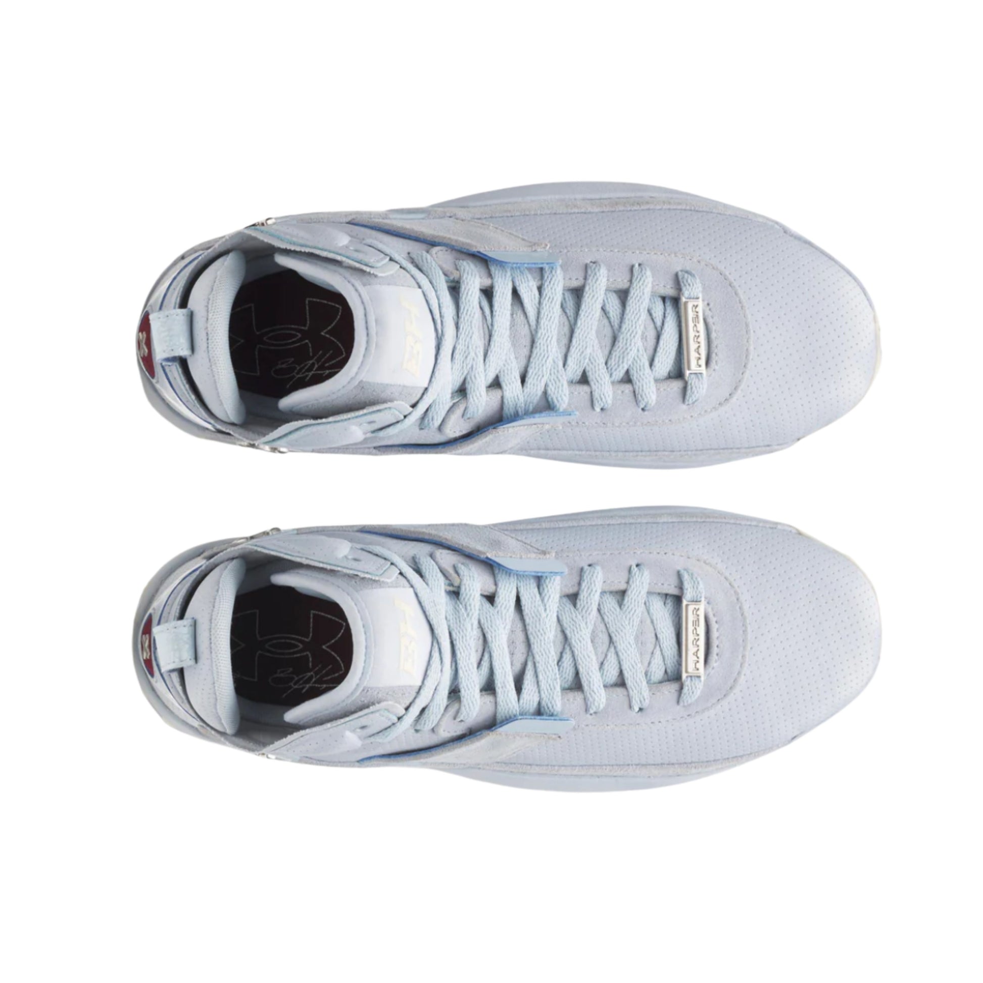 A photo of the Under Armour Harper 10 Pro TPU Mid Men's Baseball Cleats in colour blue and white.