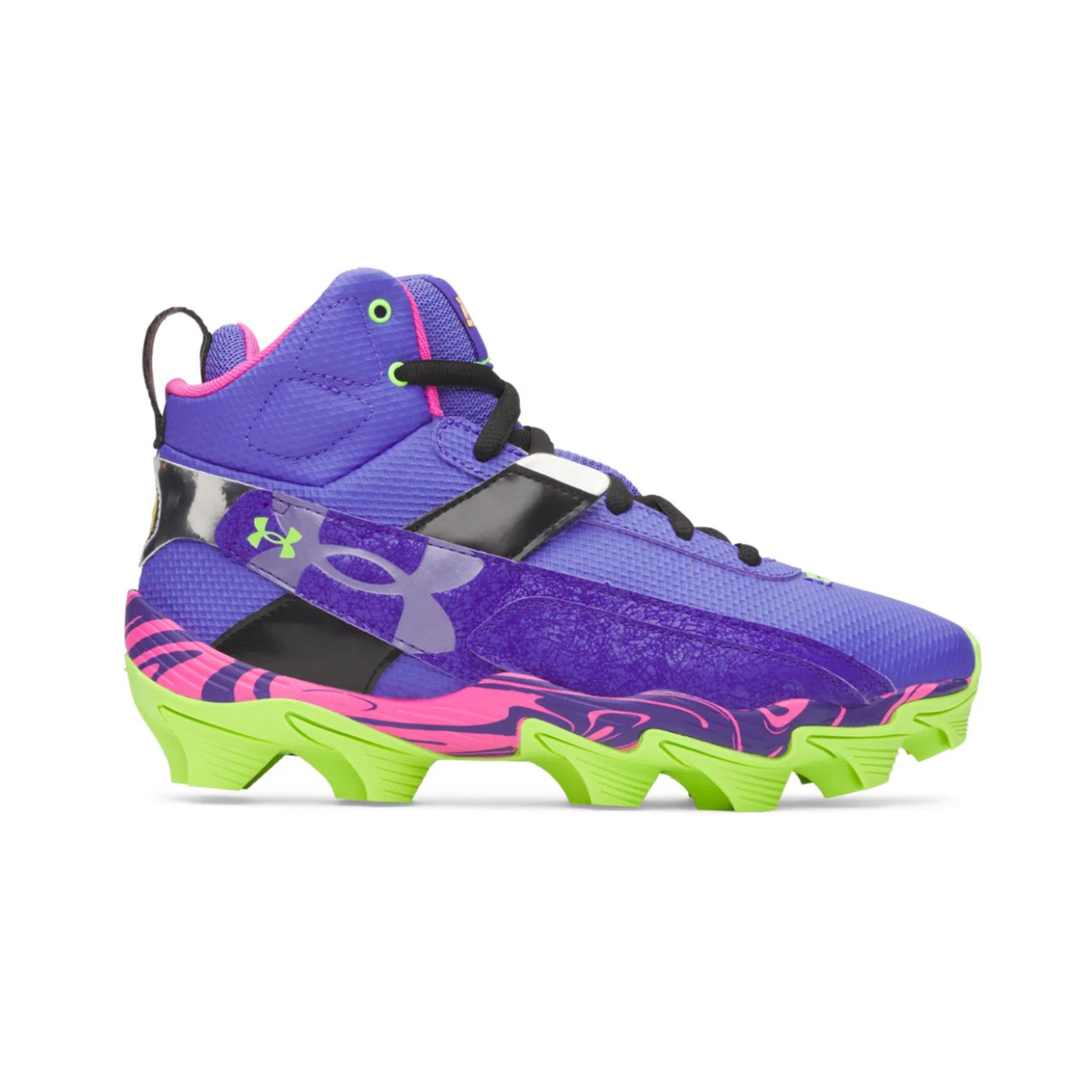 A photo of the Under Armour Harper 10 RM Jr. PE "Mad House" Boys' Baseball Cleats in colour purple, pink and green.